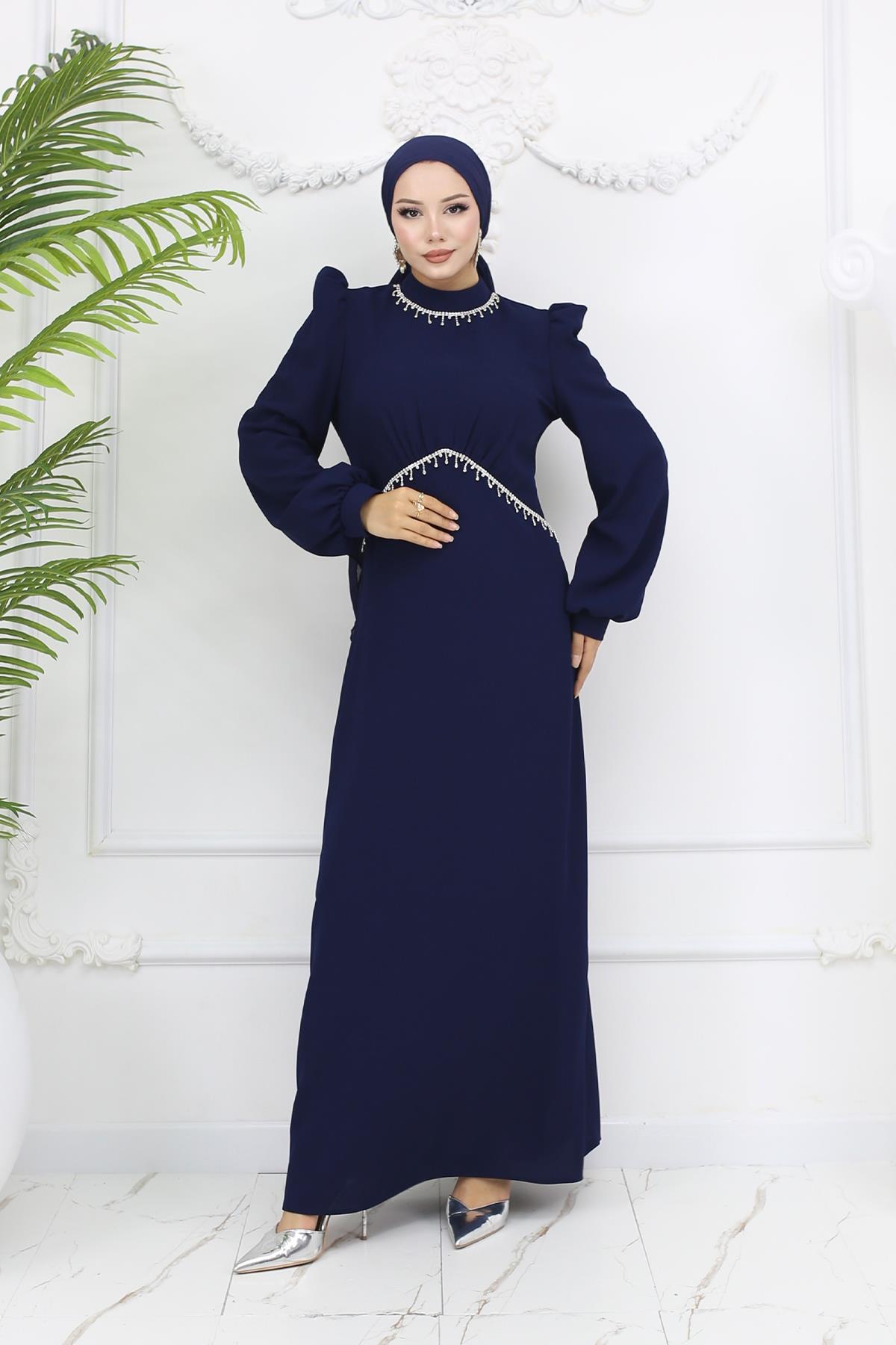 Tesettür Eva Krep Abiye LacivertLP6162