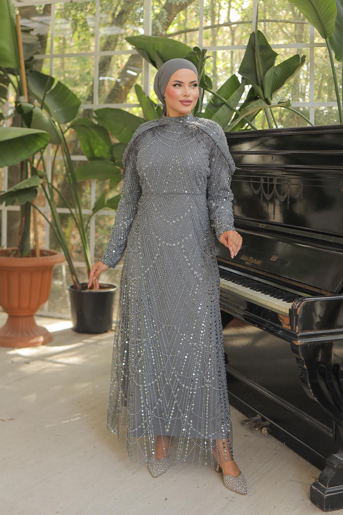 Tesettür Farah Boncuklu Abiye GümüşLP7004