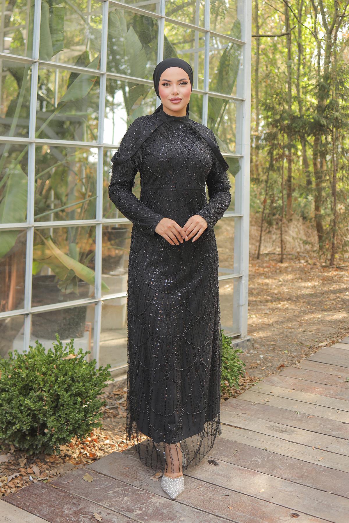 Tesettür Farah Boncuklu Abiye SiyahLP7004