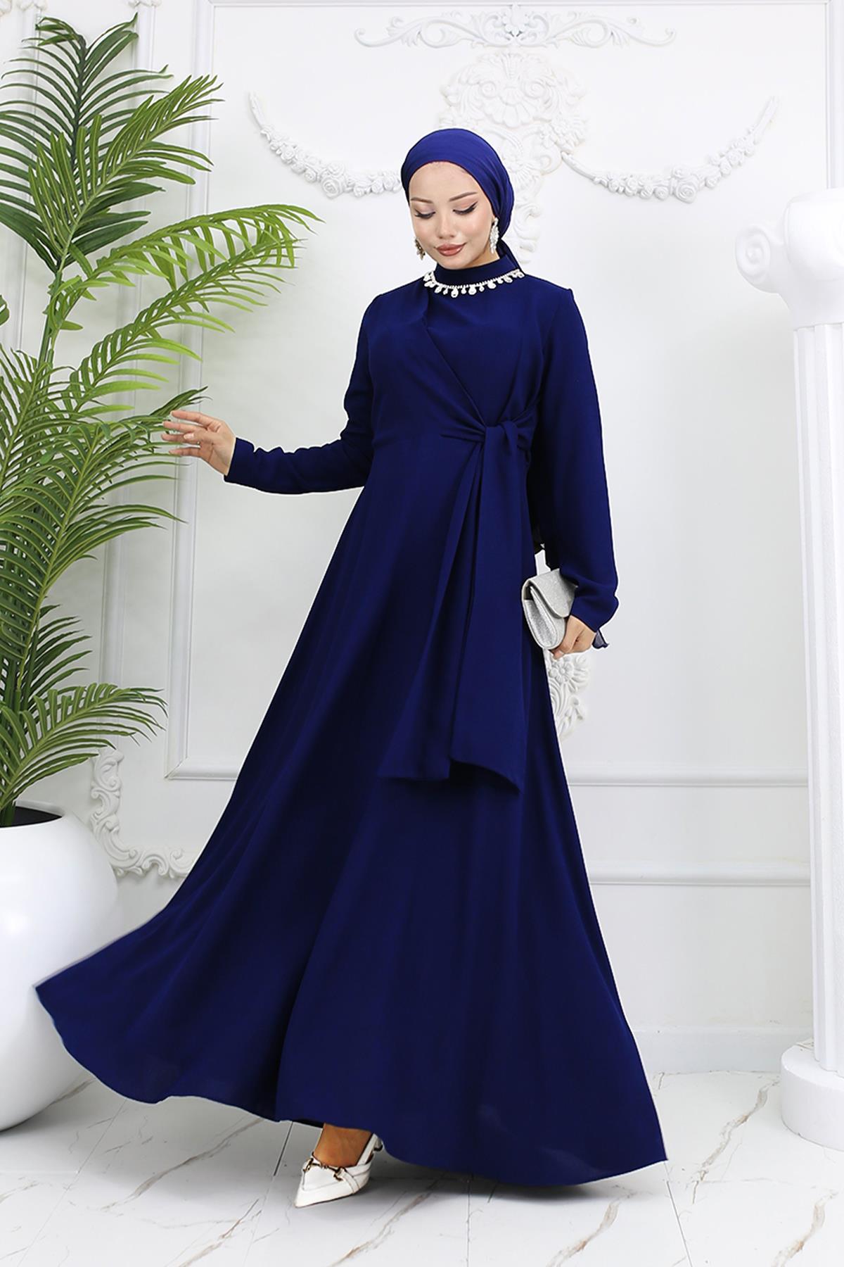 Tesettür Fera Krep Abiye LacivertLP6163