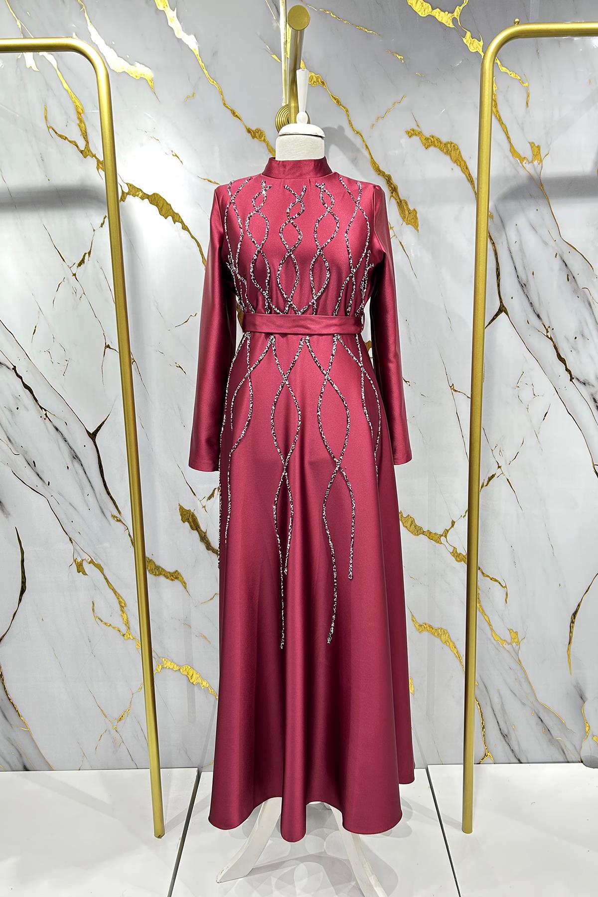 Tesettür Feray Saten Abiye BordoLP6179