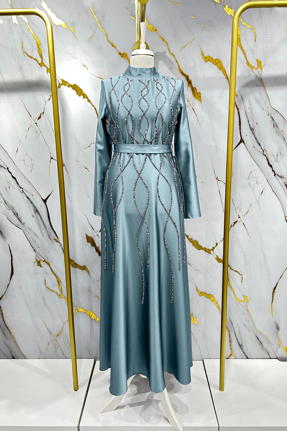 Tesettür Feray Saten Abiye Mint YeşiliLP6179