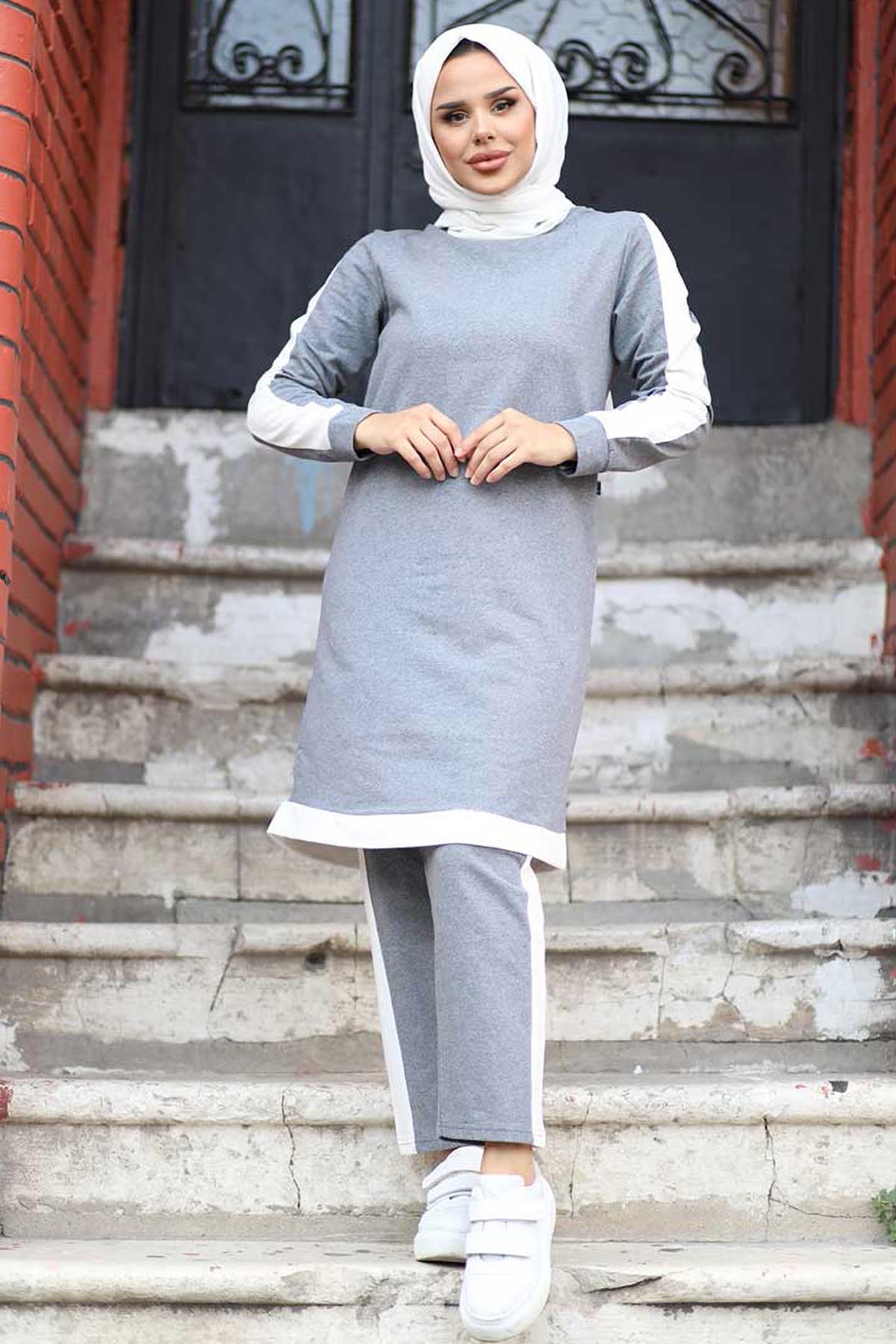 Tesettür Garnili Tunik Pantolon Kombin AntrasitHM0099