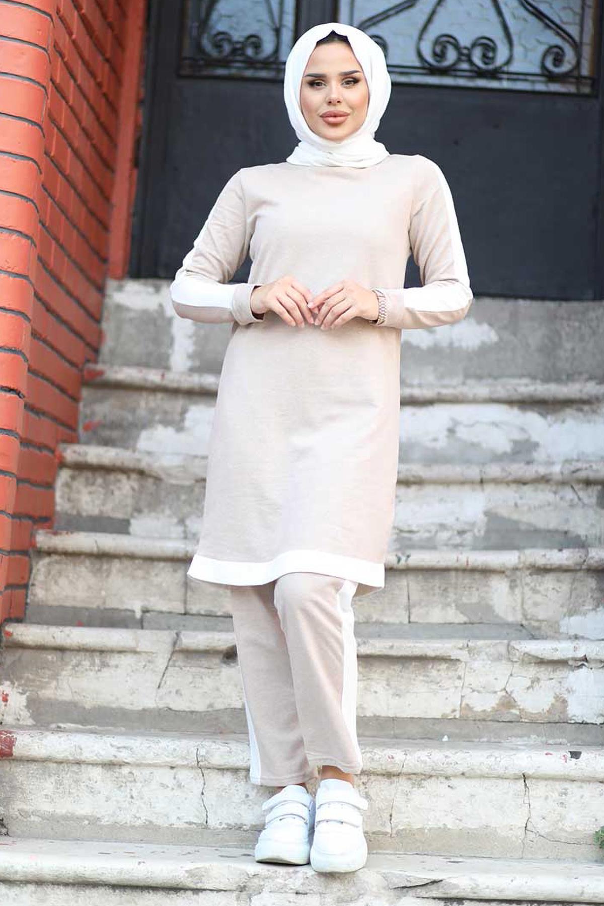 Tesettür Garnili Tunik Pantolon Kombin VizonHM0099
