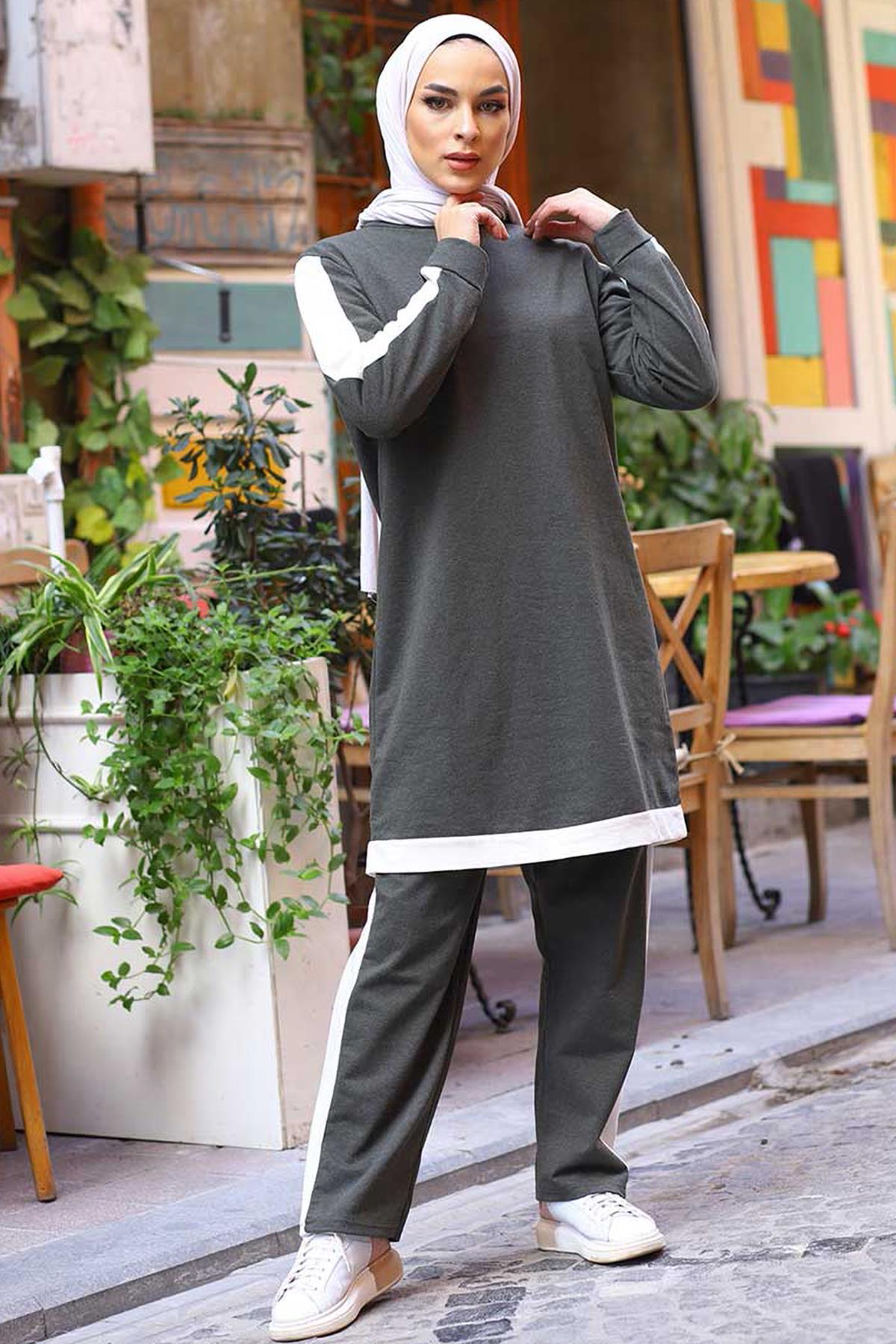 Tesettür Garnili Tunik Pantolon Kombin HakiHM0099