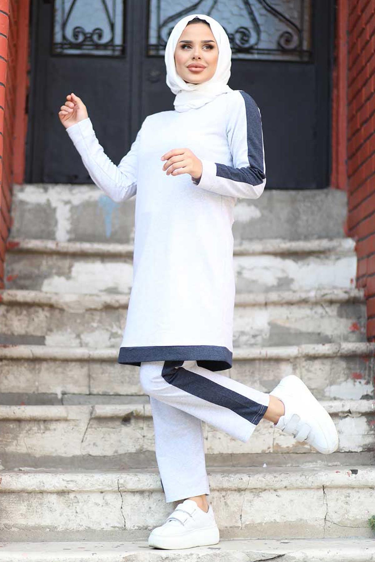 Tesettür Garnili Tunik Pantolon Kombin GriHM0099