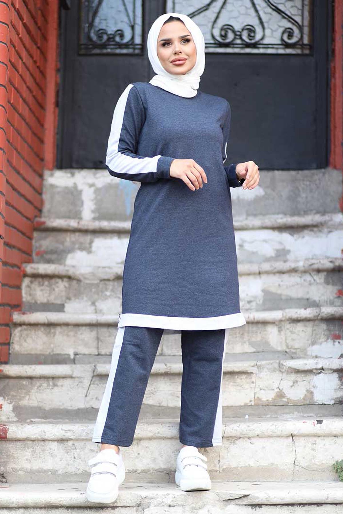 Tesettür Garnili Tunik Pantolon Kombin LacivertHM0099