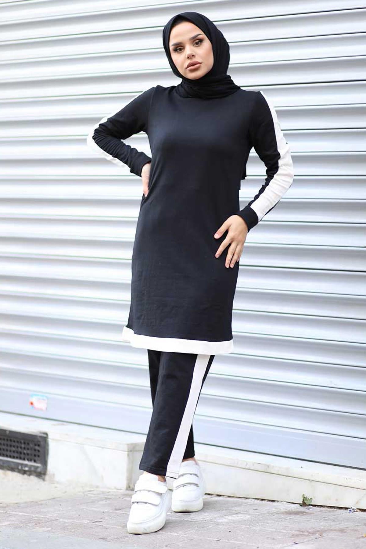 Tesettür Garnili Tunik Pantolon Kombin SiyahHM0099