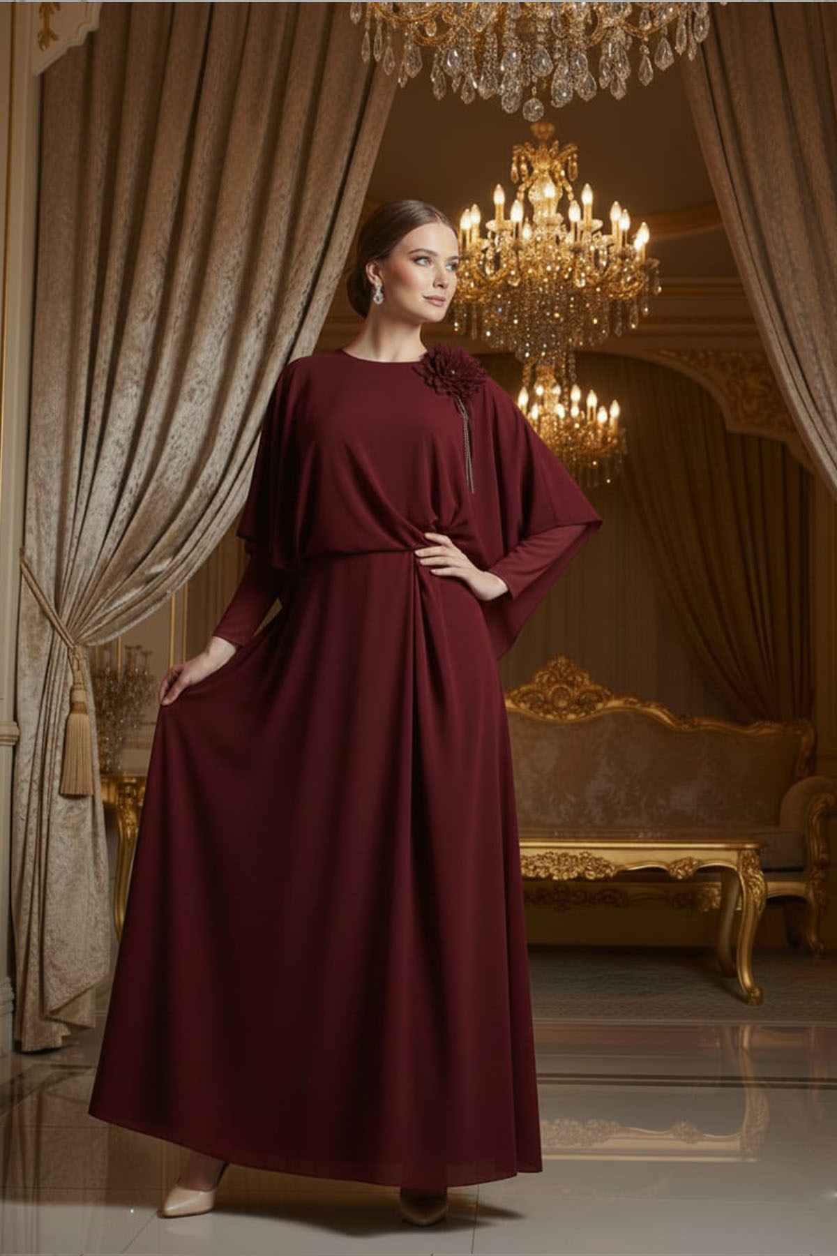 Tesettür Gül Dide Şifon Abiye BordoLP6362