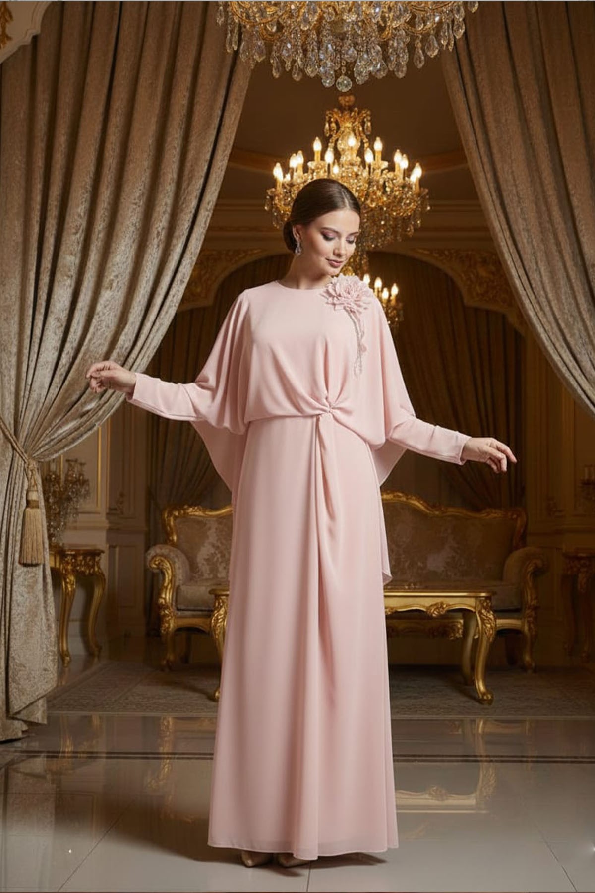 Tesettür Gül Dide Şifon Abiye PudraLP6362