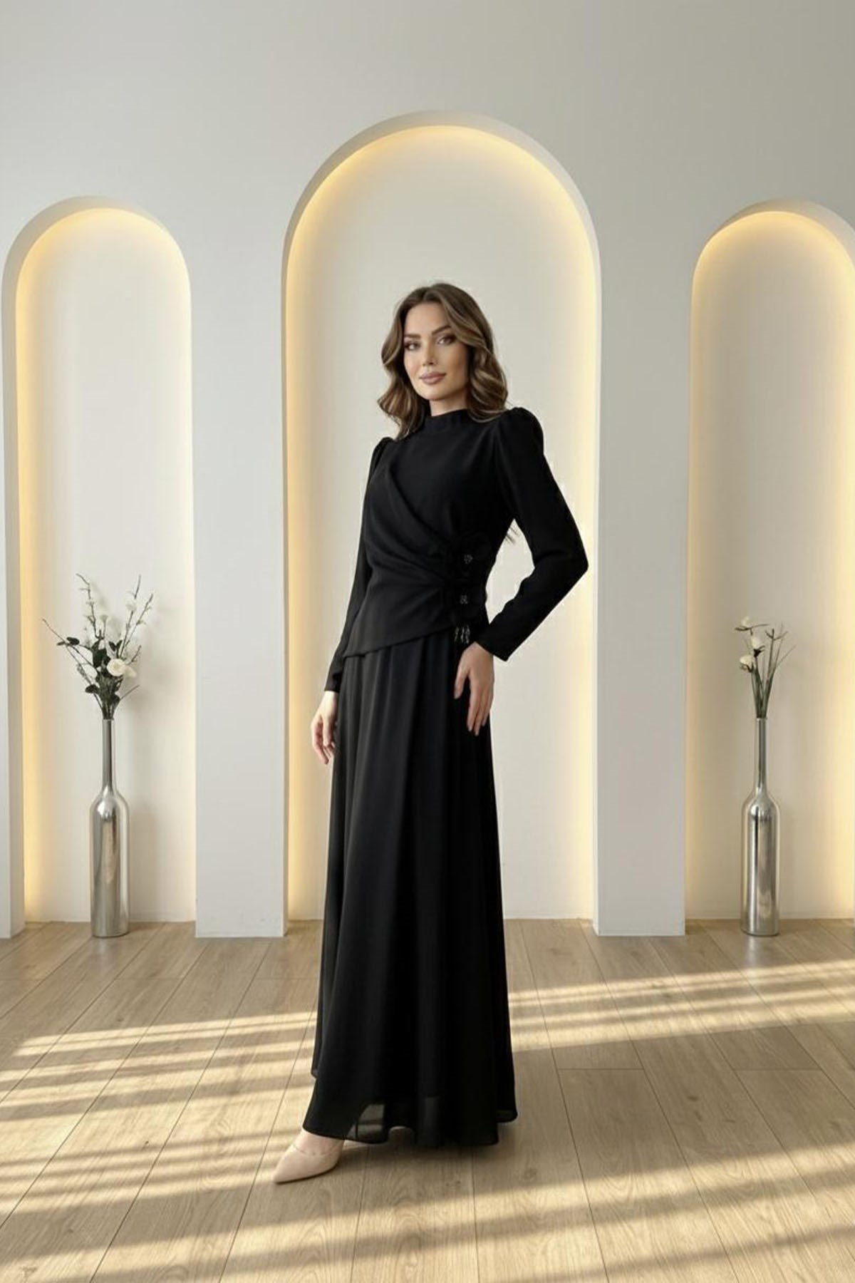 Tesettür Gül Ruhsar Adriana & Şifon Abiye SiyahLP6355