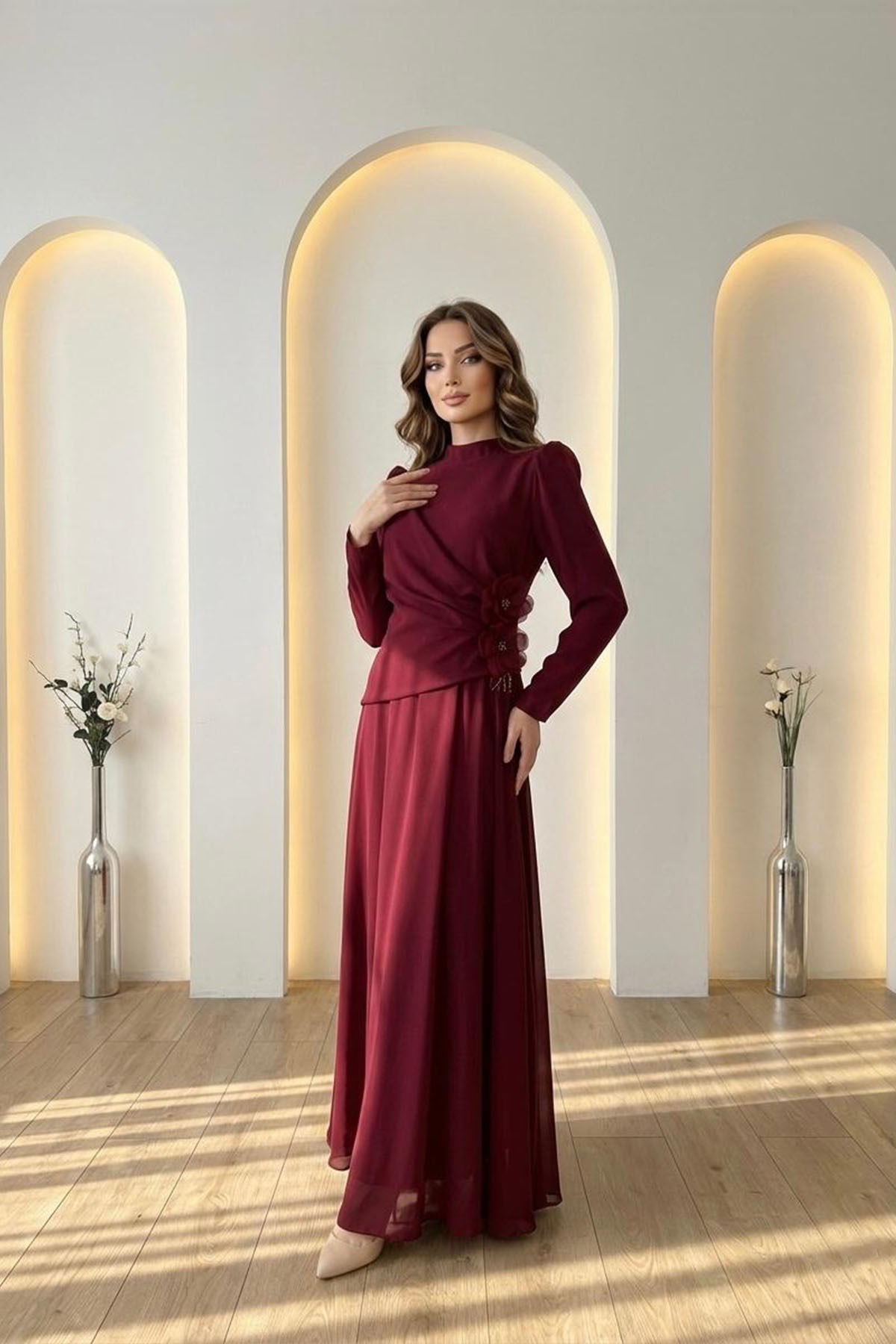 Tesettür Gül Ruhsar Adriana & Şifon Abiye BordoLP6355