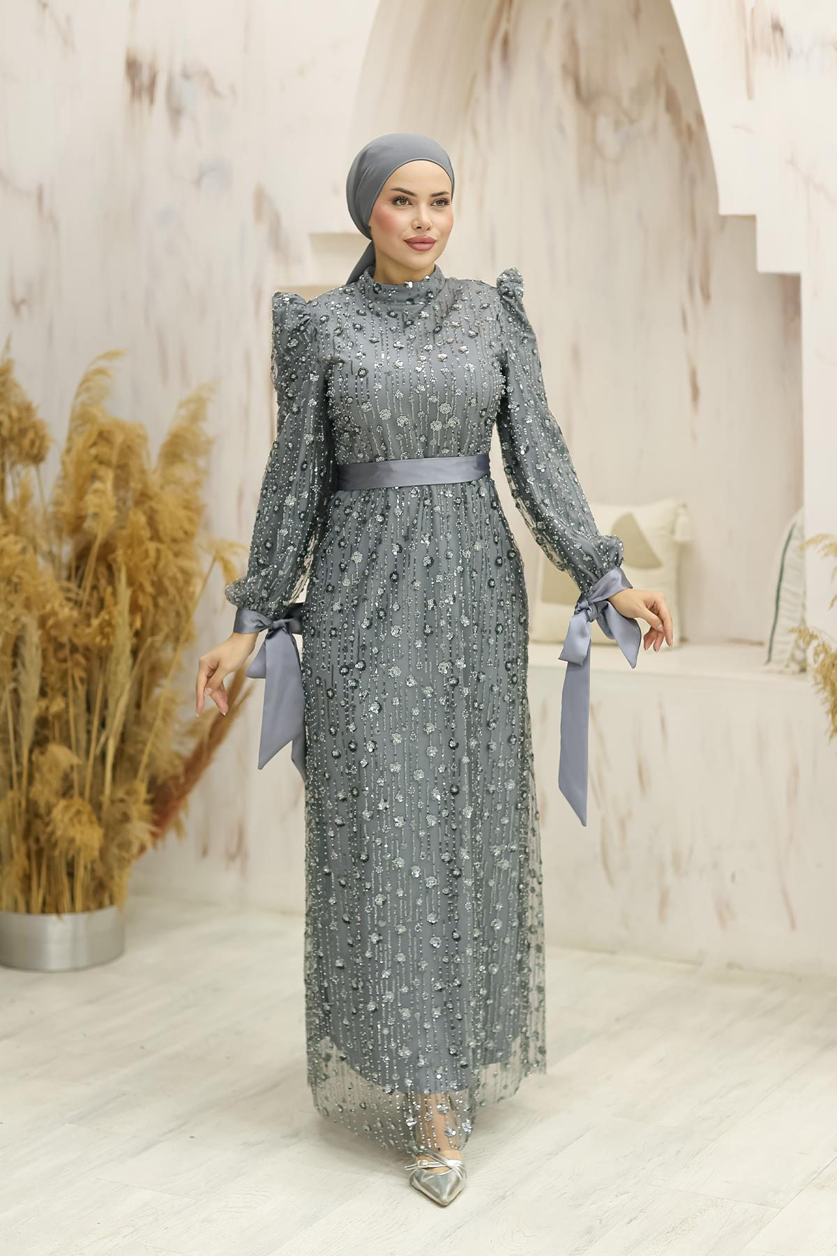 Tesettür Gülçiçek Boncuklu Abiye GümüşLP6138