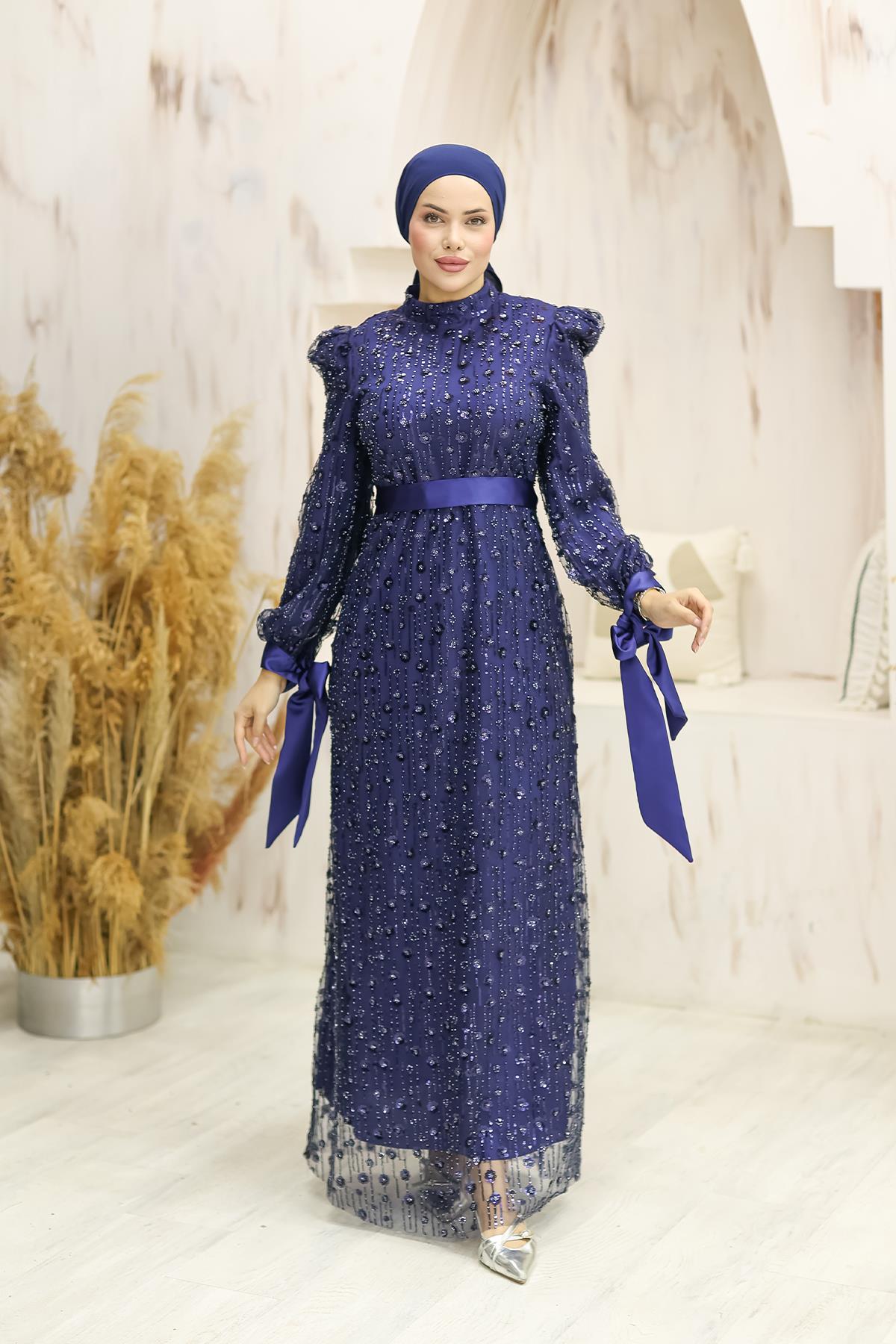 Tesettür Gülçiçek Boncuklu Abiye LacivertLP6138