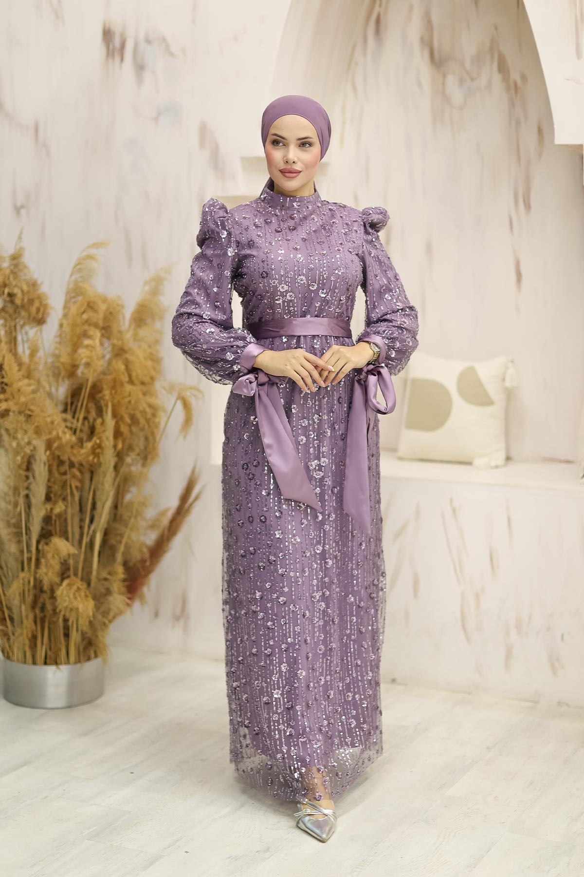 Tesettür Gülçiçek Boncuklu Abiye LilaLP6138