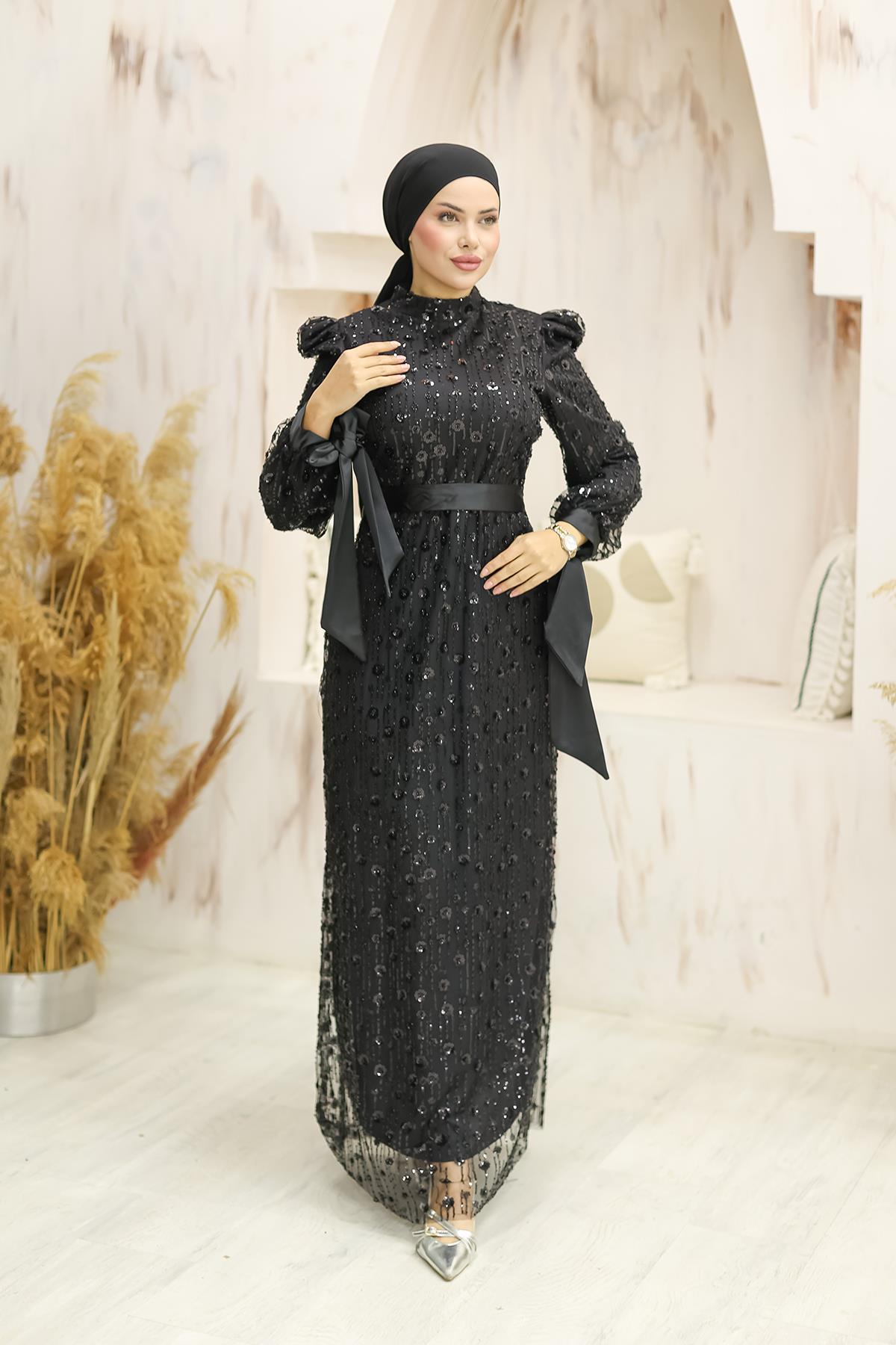 Tesettür Gülçiçek Boncuklu Abiye SiyahLP6138