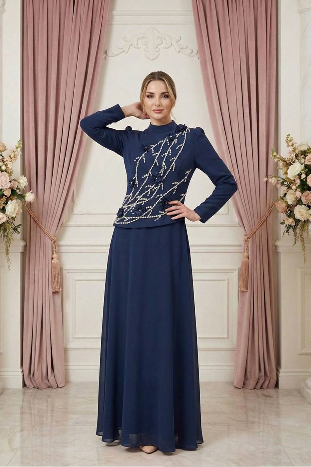 Tesettür GÜLCİHAN Adriana & Şifon Abiye LacivertLP6368