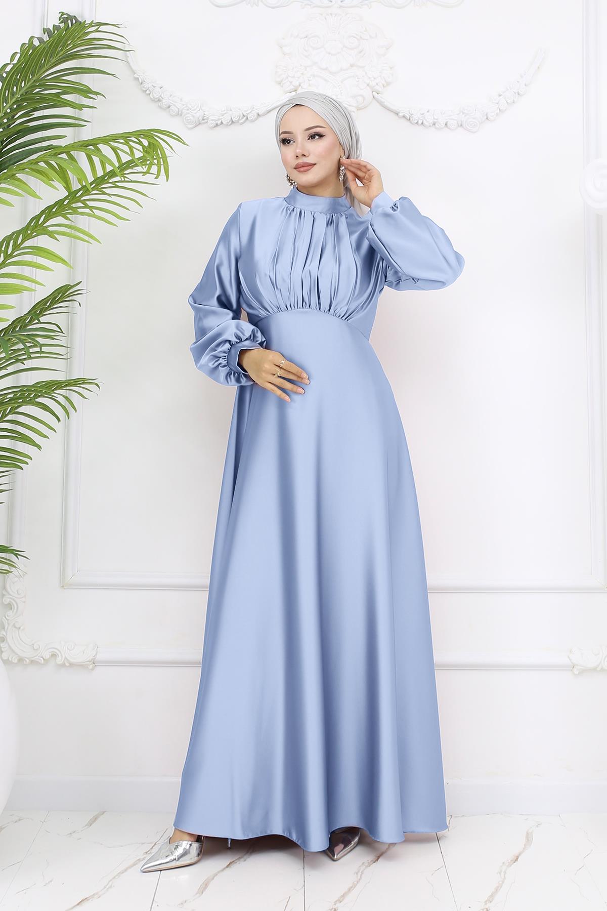 Tesettür Gülnun Saten Abiye Açık MaviLP6094