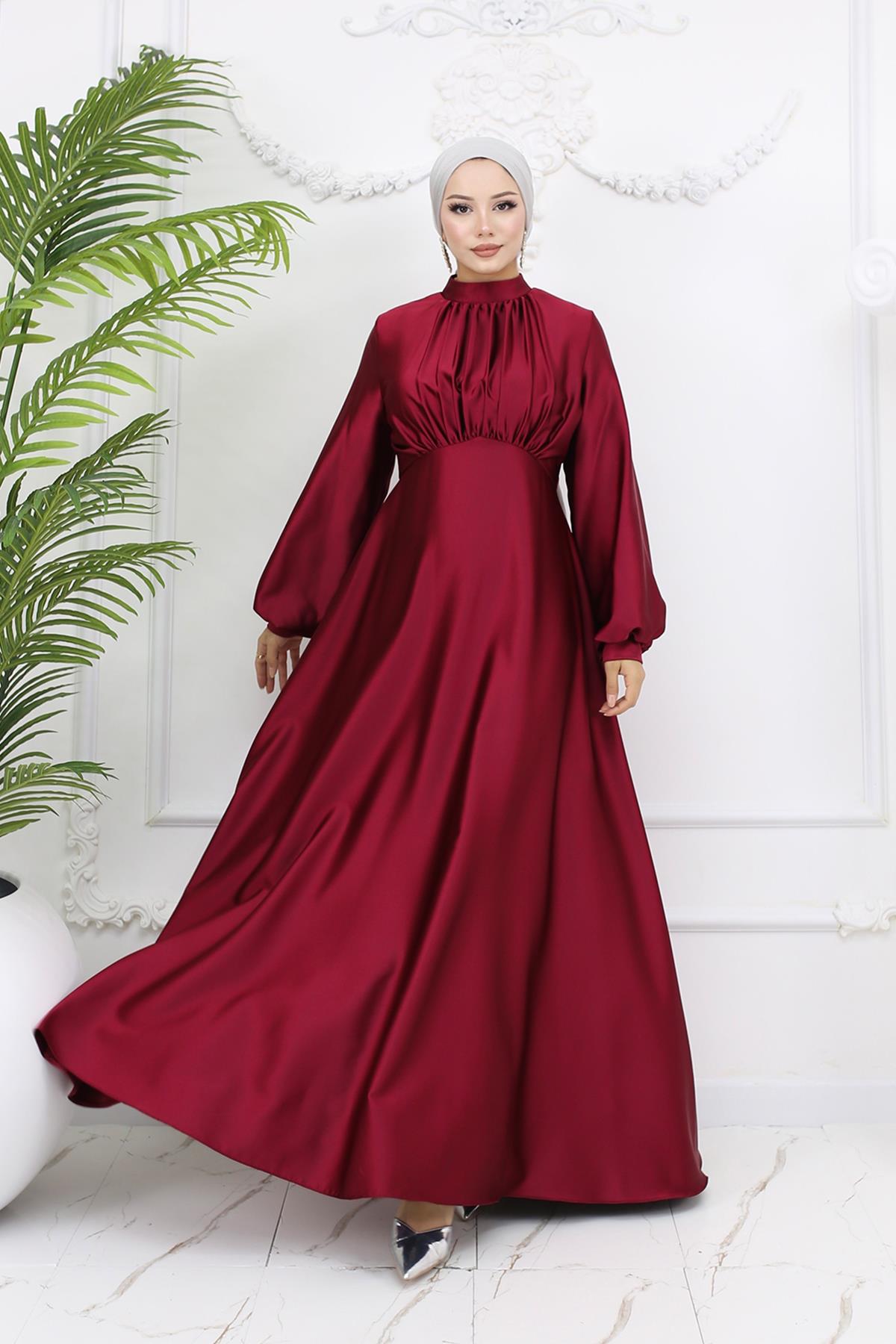 Tesettür Gülnun Saten Abiye BordoLP6094