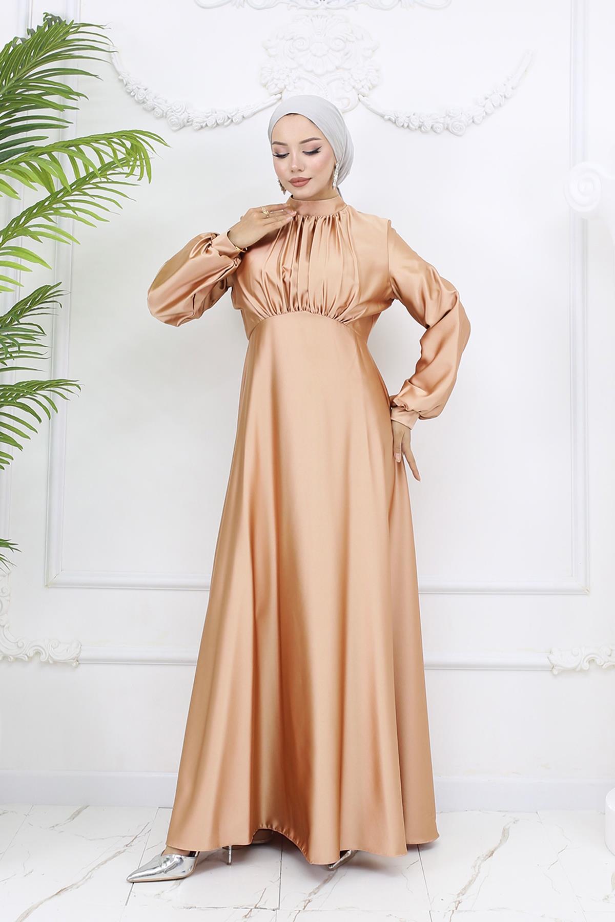 Tesettür Gülnun Saten Abiye Gold RengiLP6094