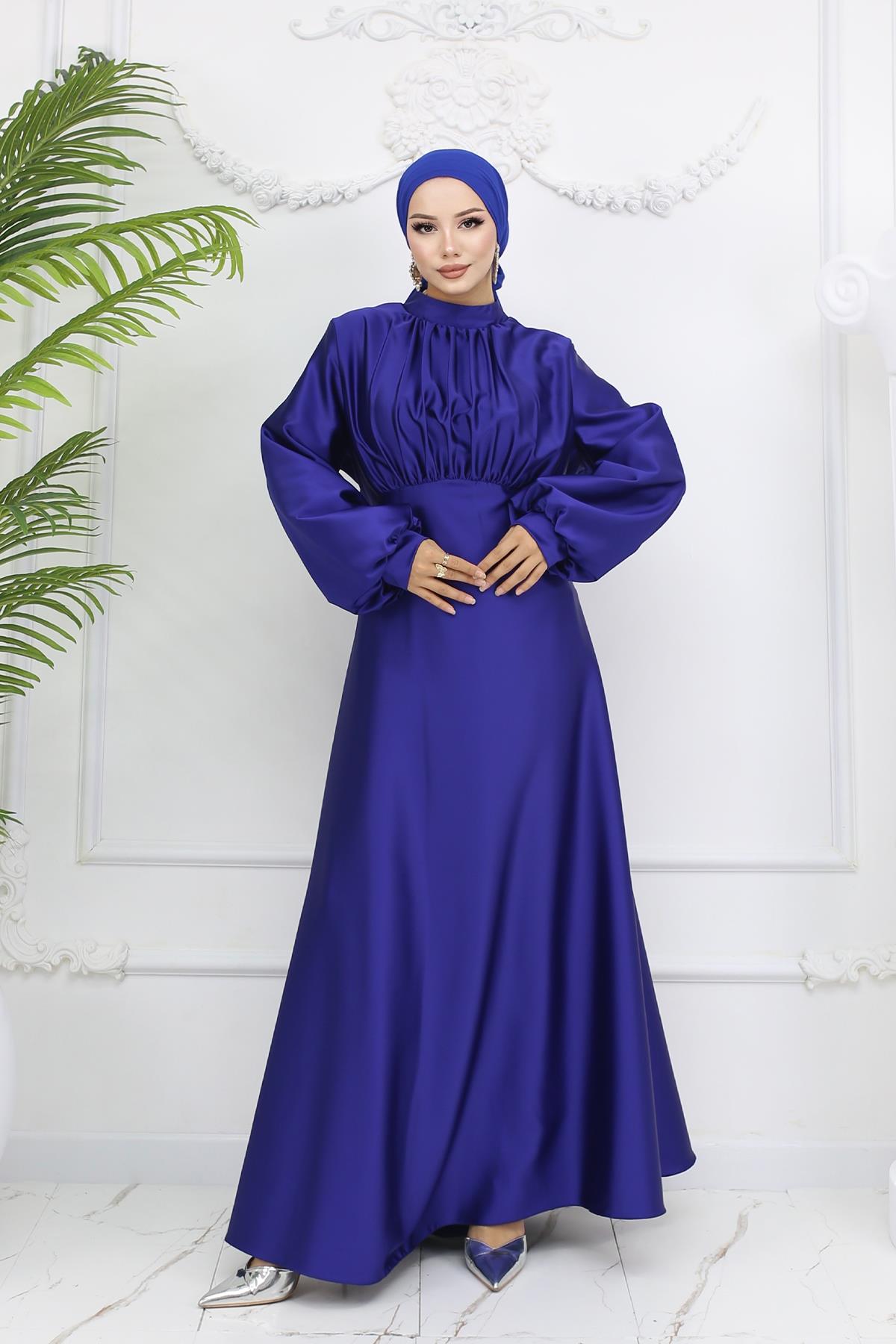 Tesettür Gülnun Saten Abiye LacivertLP6094