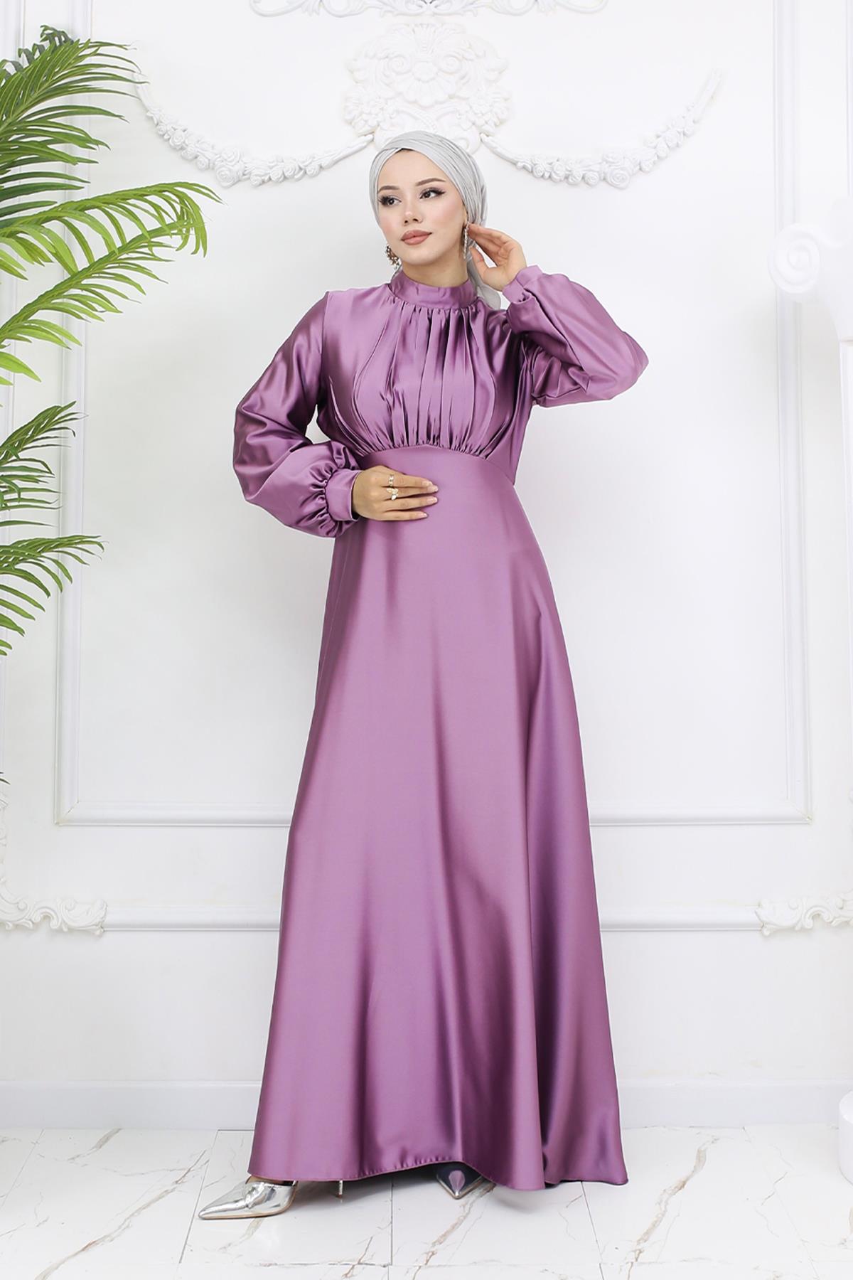 Tesettür Gülnun Saten Abiye LilaLP6094