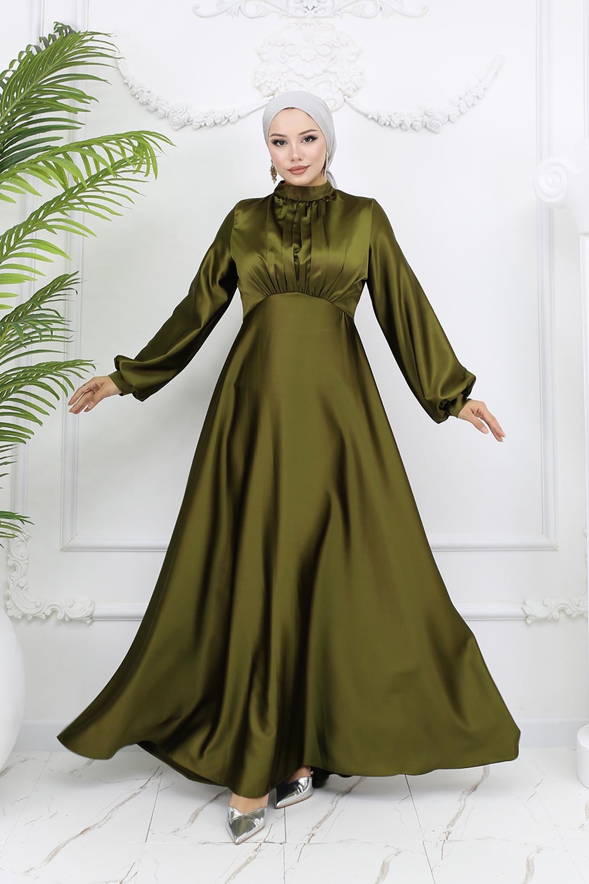 Tesettür Gülnun Saten Abiye Zeytin YeşiliLP6094