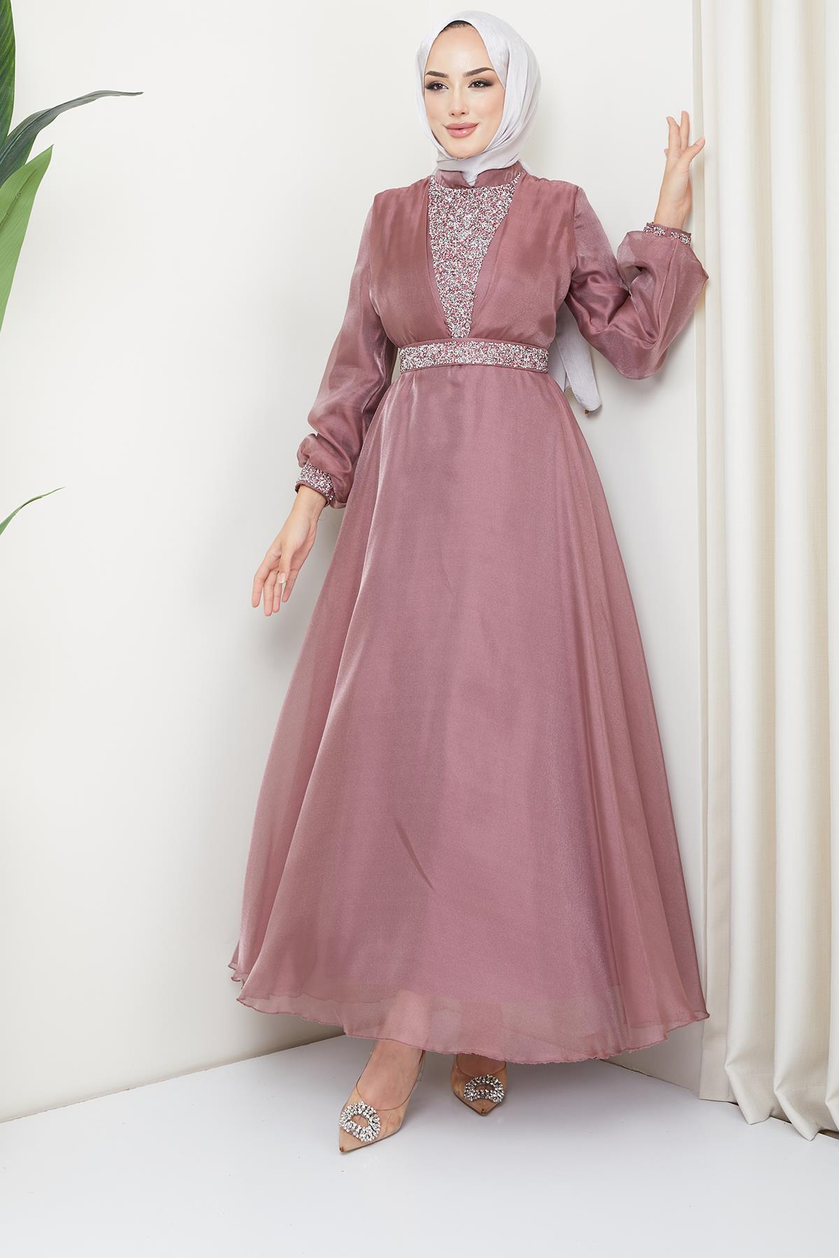 Tesettür Hakim Yaka, Meç Süslemeli Organze Tül Abiye Gül KurusuHM4176