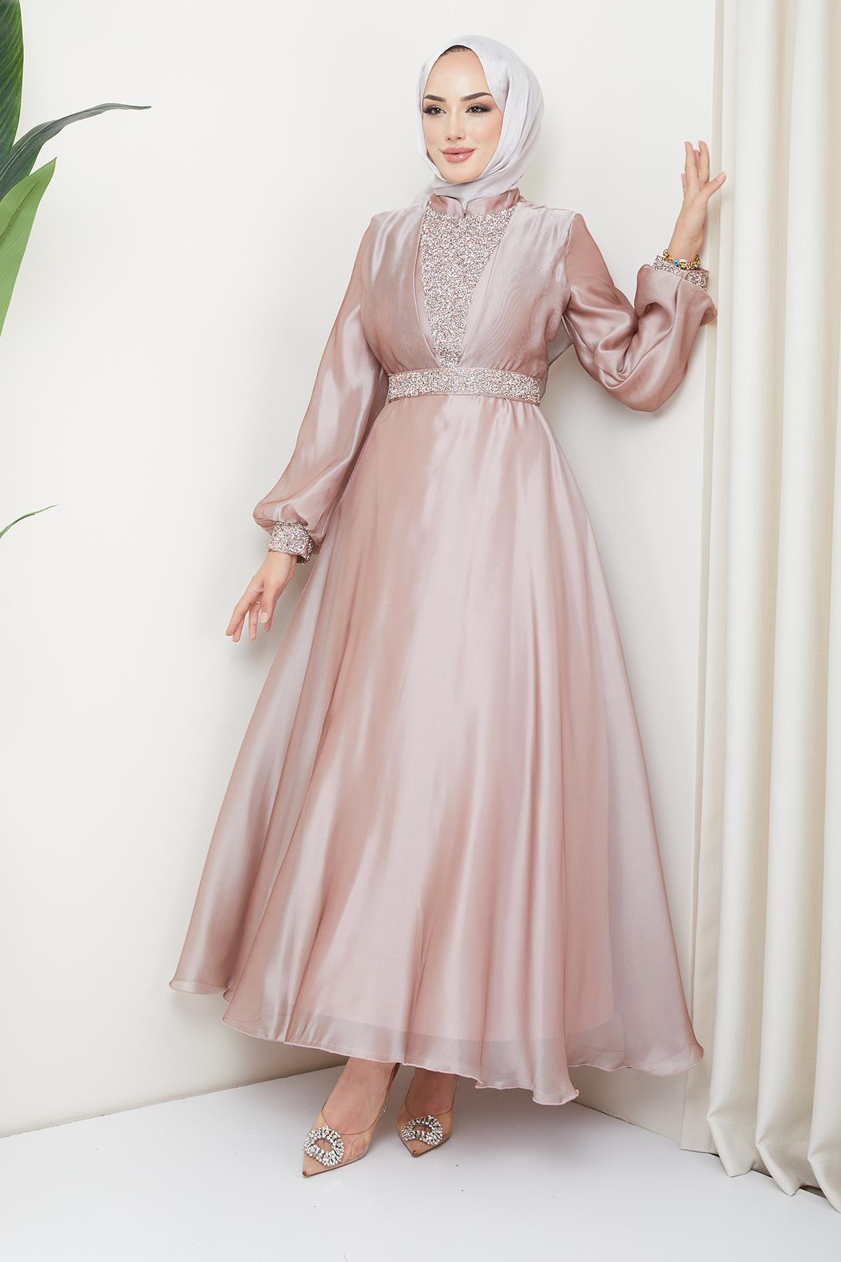 Tesettür Hakim Yaka, Meç Süslemeli Organze Tül Abiye PudraHM4176