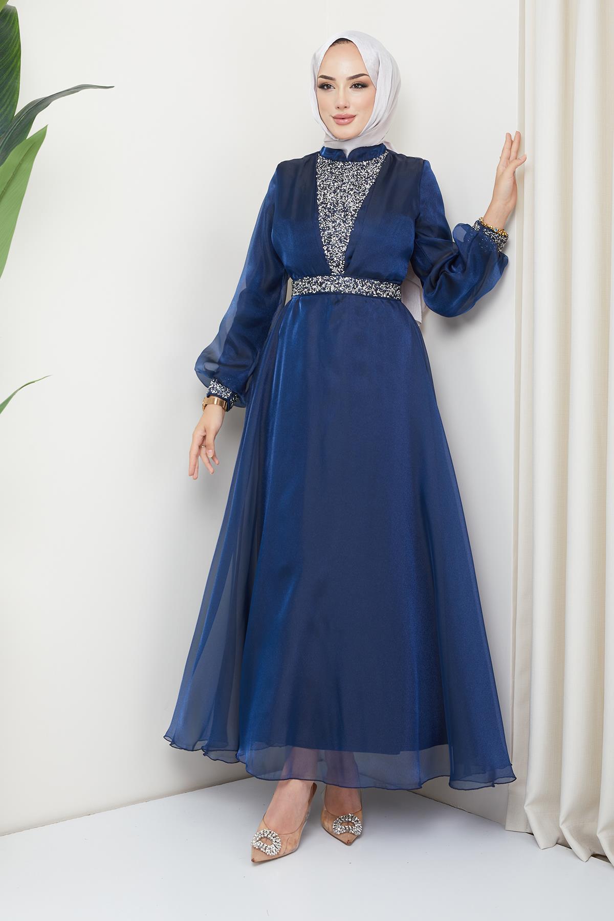 Tesettür Hakim Yaka, Meç Süslemeli Organze Tül Abiye LacivertHM4176