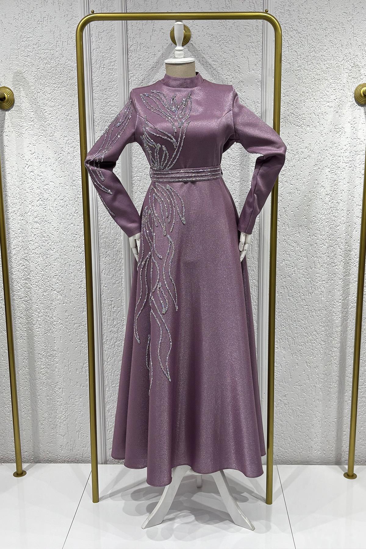 Tesettür Halem Krep Saten Abiye LilaLP6142-1