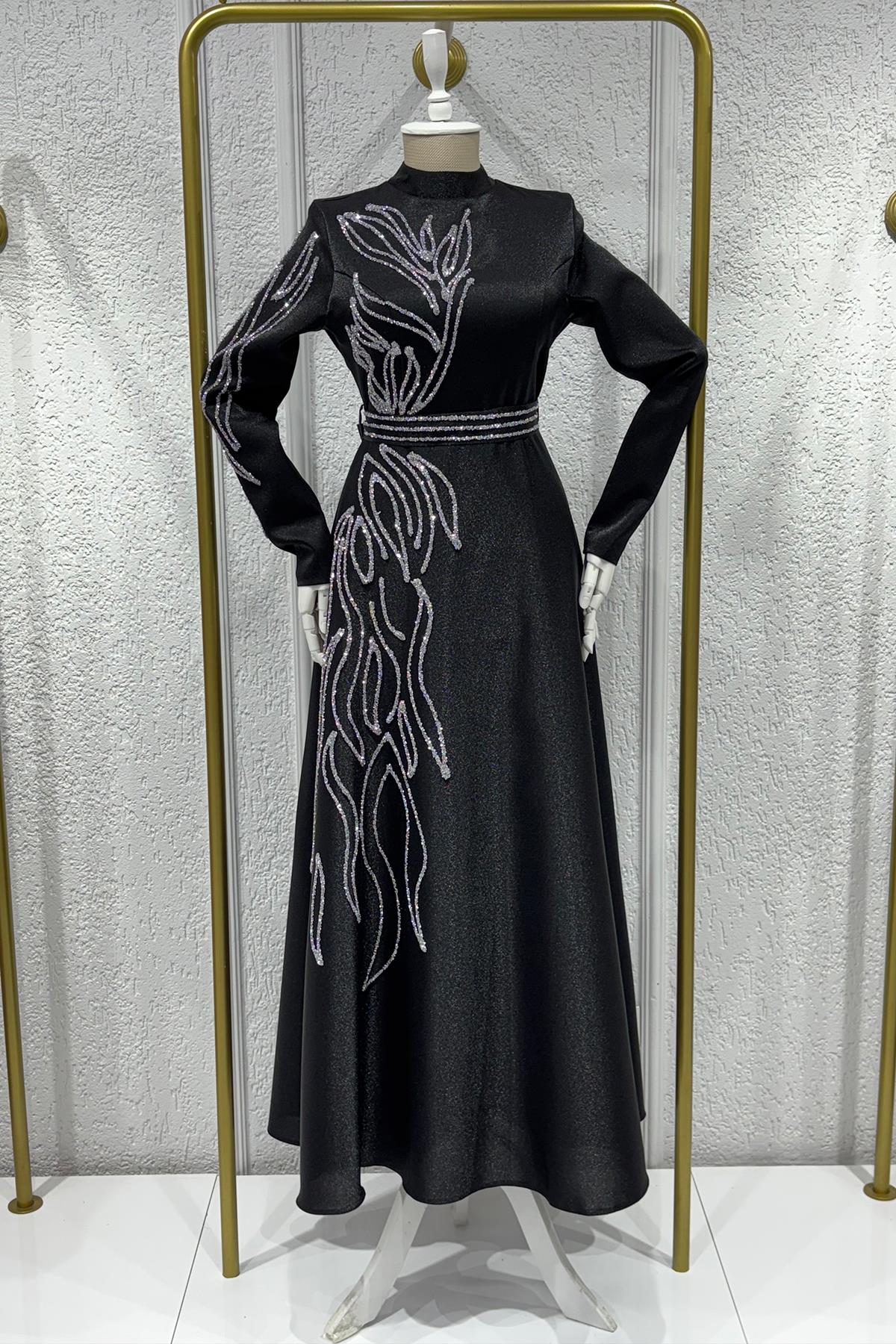 Tesettür Halem Krep Saten Abiye SiyahLP6142-1