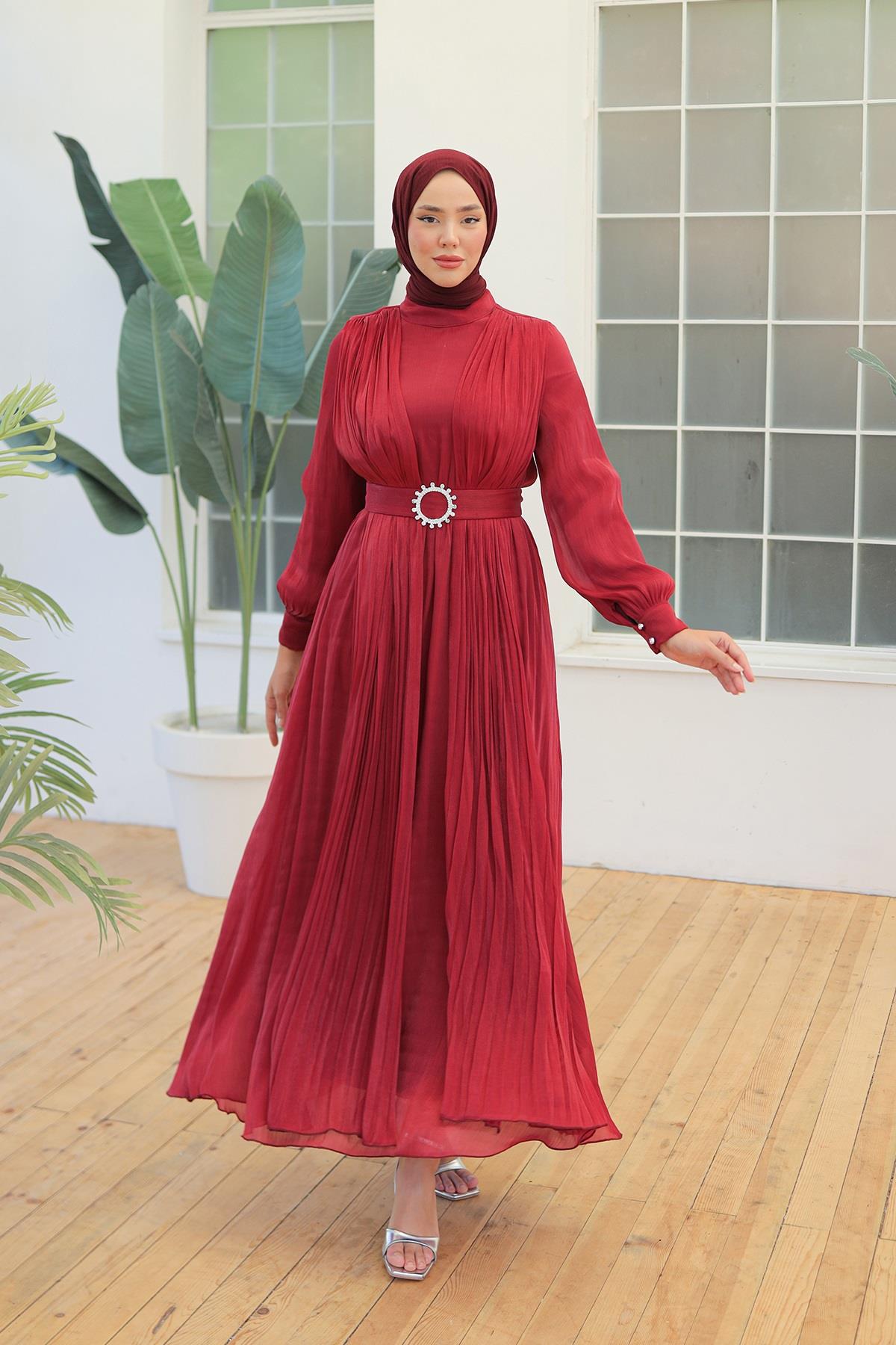 Tesettür Havin Işıltı Abiye BordoLP6078