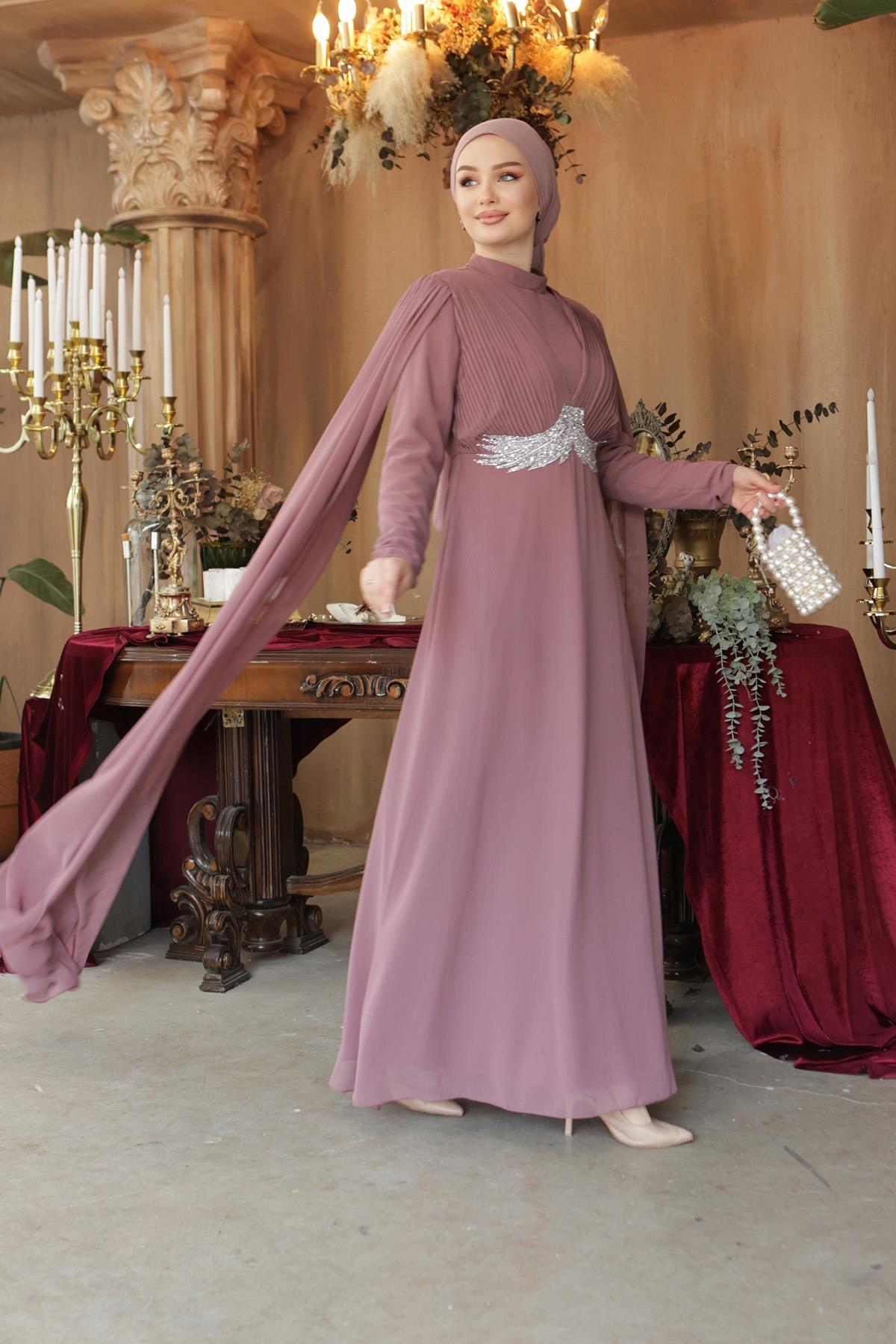 Tesettür Hila Şifon Abiye Gül KurusuLP6015