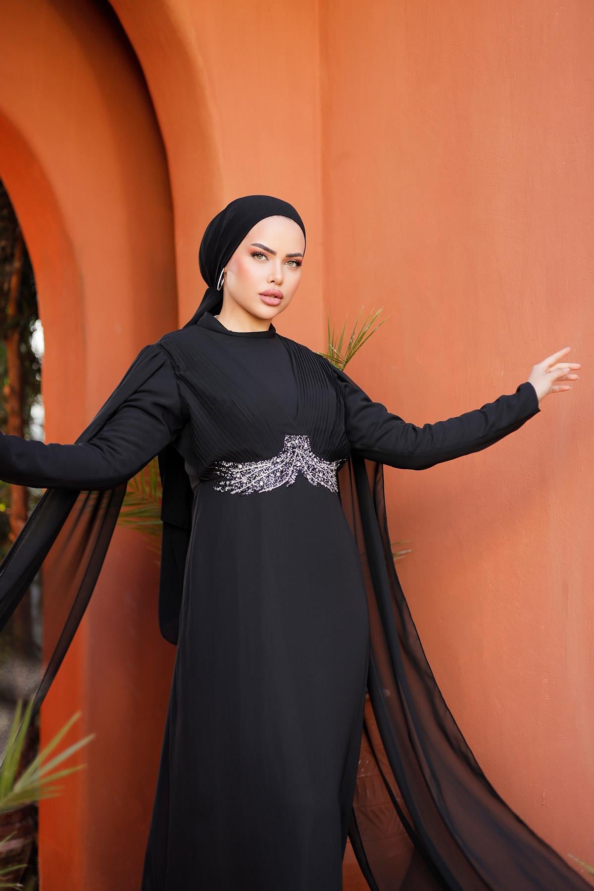Tesettür Hila Şifon Abiye SiyahLP6015