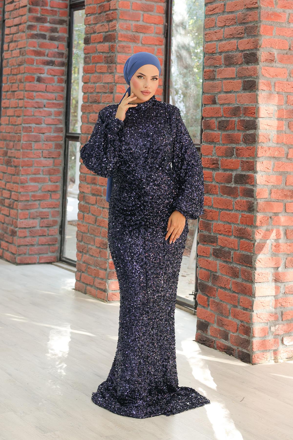 Tesettür Hüma Payetli Abiye LacivertLP6109