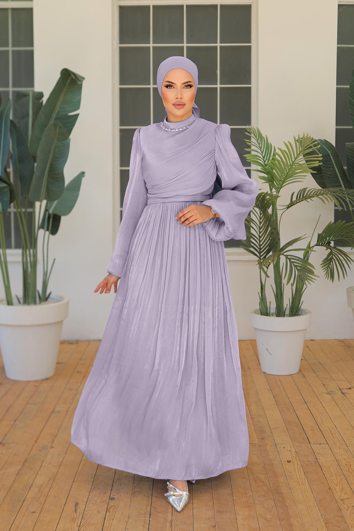 Tesettür İlay Işıltı Abiye Açık LilaLP7002