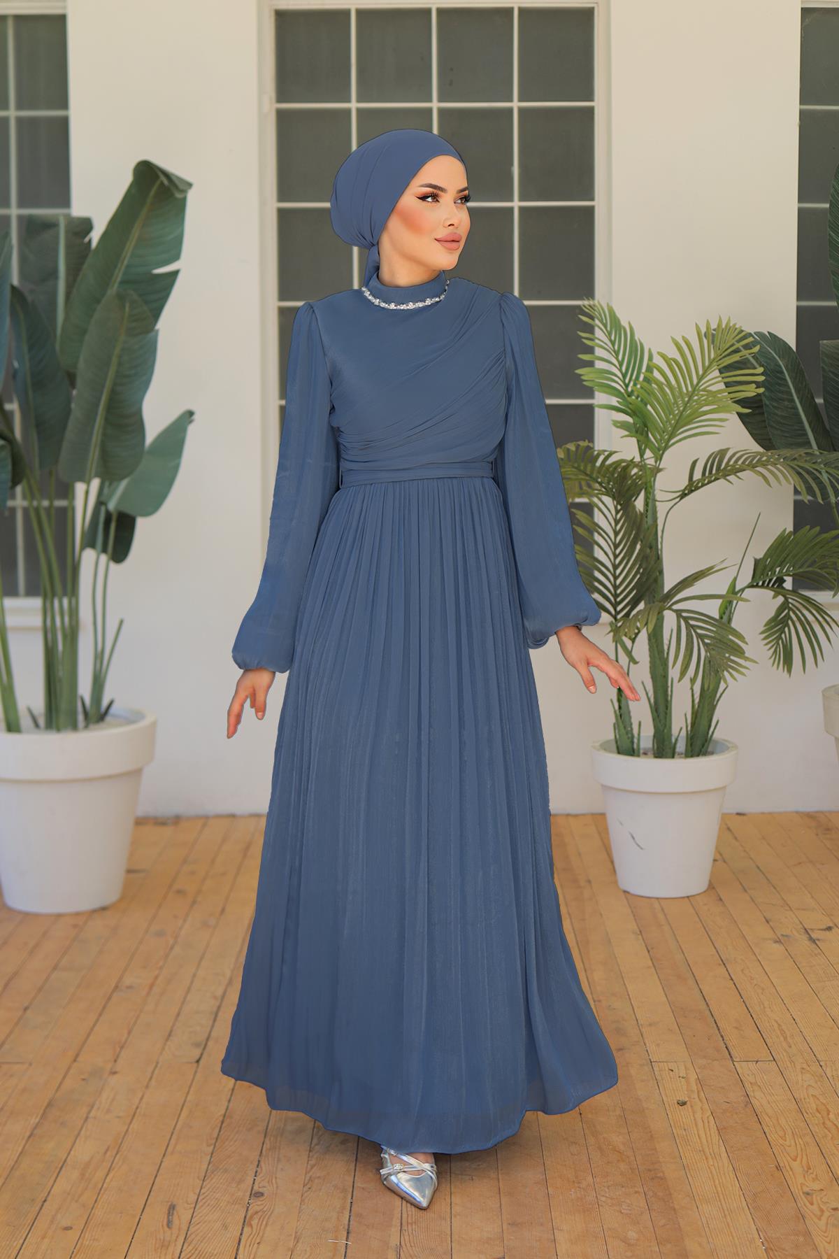 Tesettür İlay Işıltı Abiye IndigoLP7002