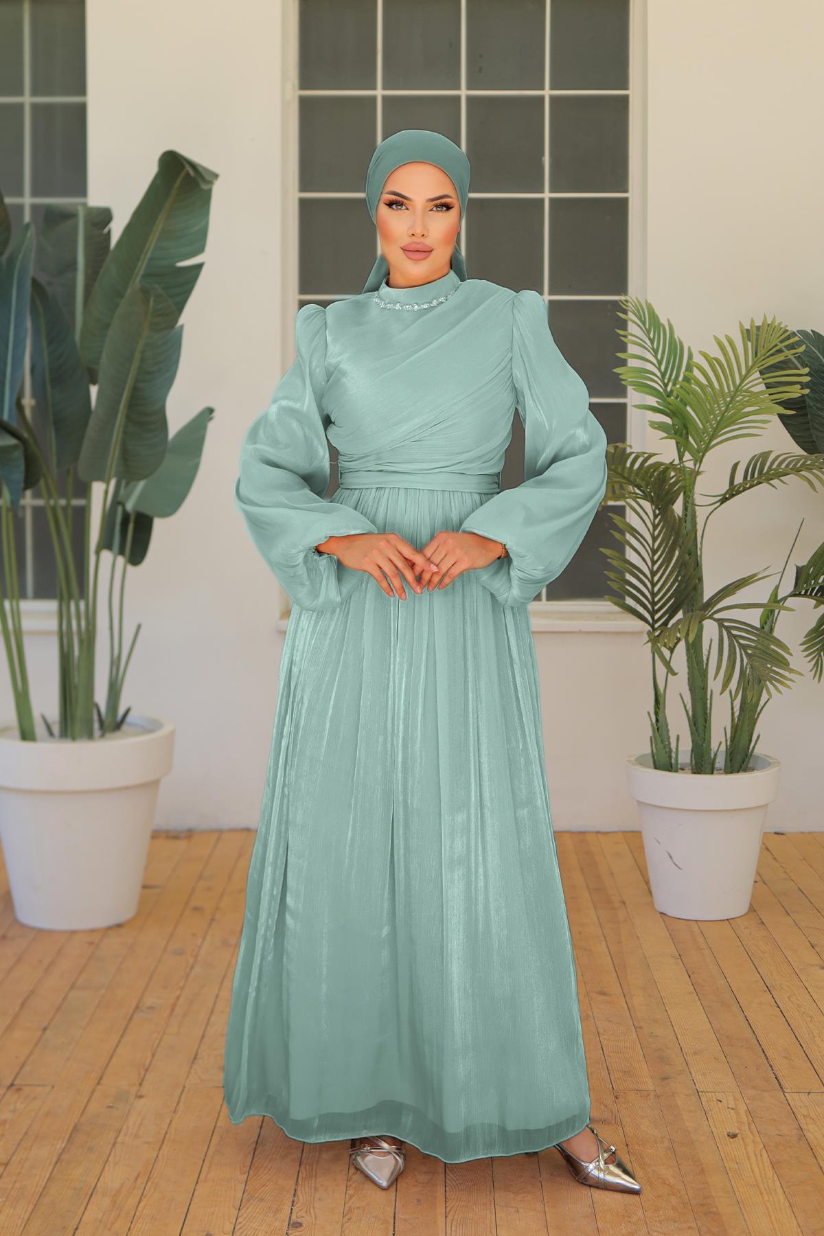 Tesettür İlay Işıltı Abiye Mint YeşiliLP7002