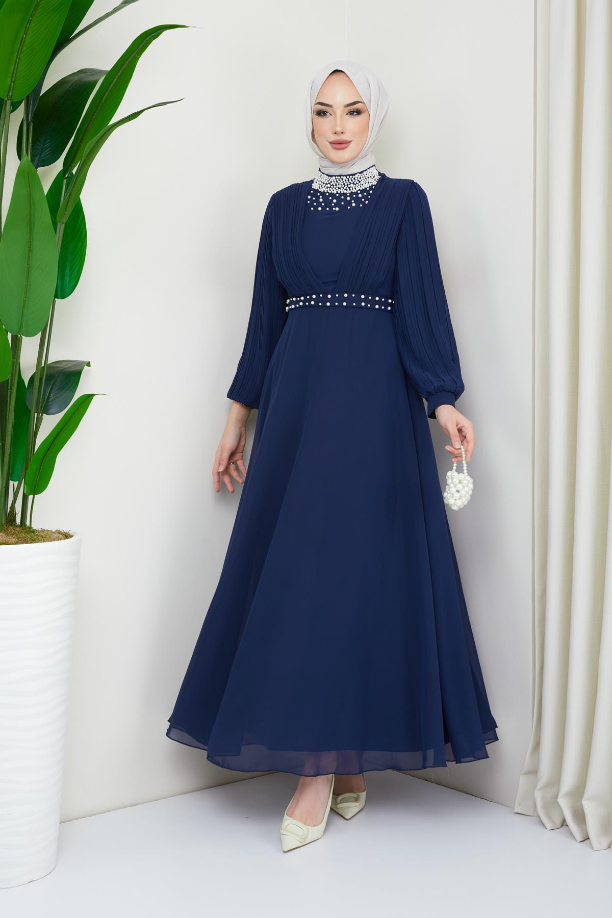 Tesettür İnci Süslemeli Piliseli Şifon Abiye LacivertHM4195