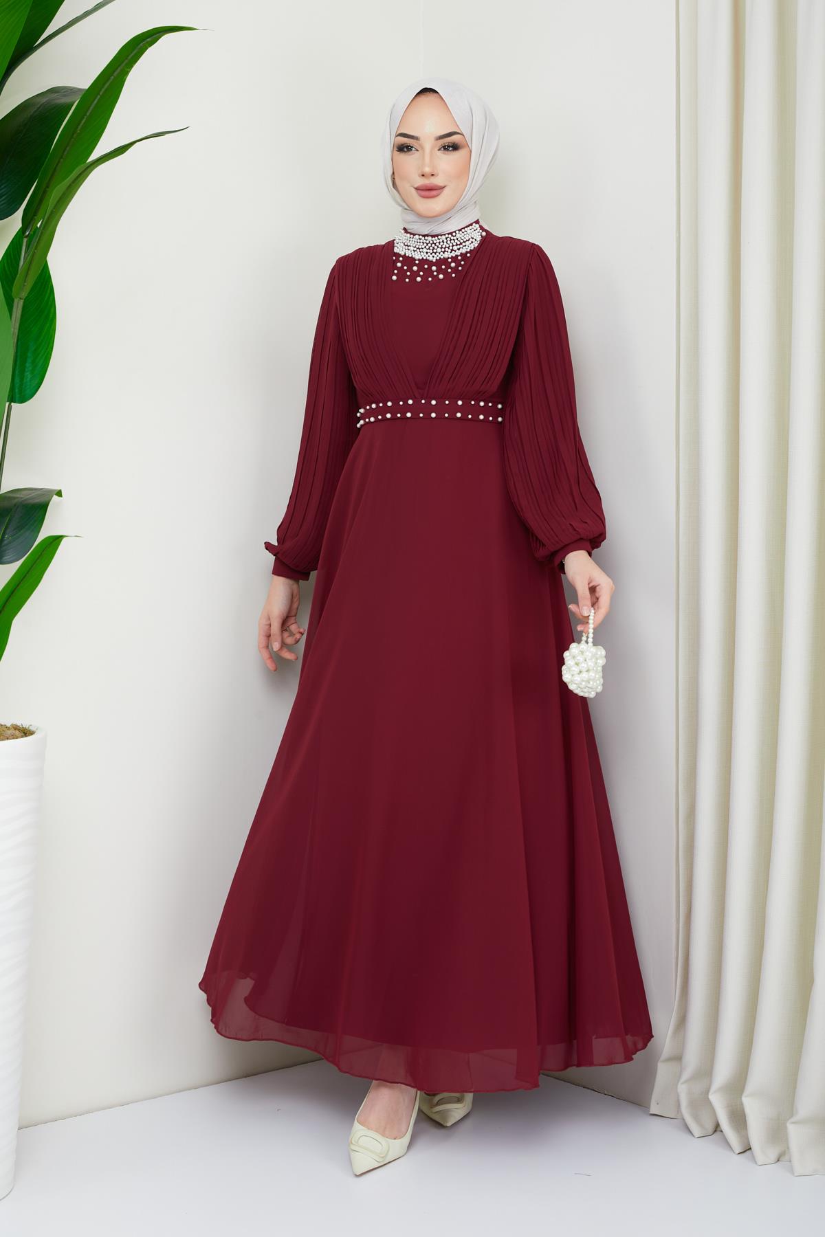 Tesettür İnci Süslemeli Piliseli Şifon Abiye BordoHM4195