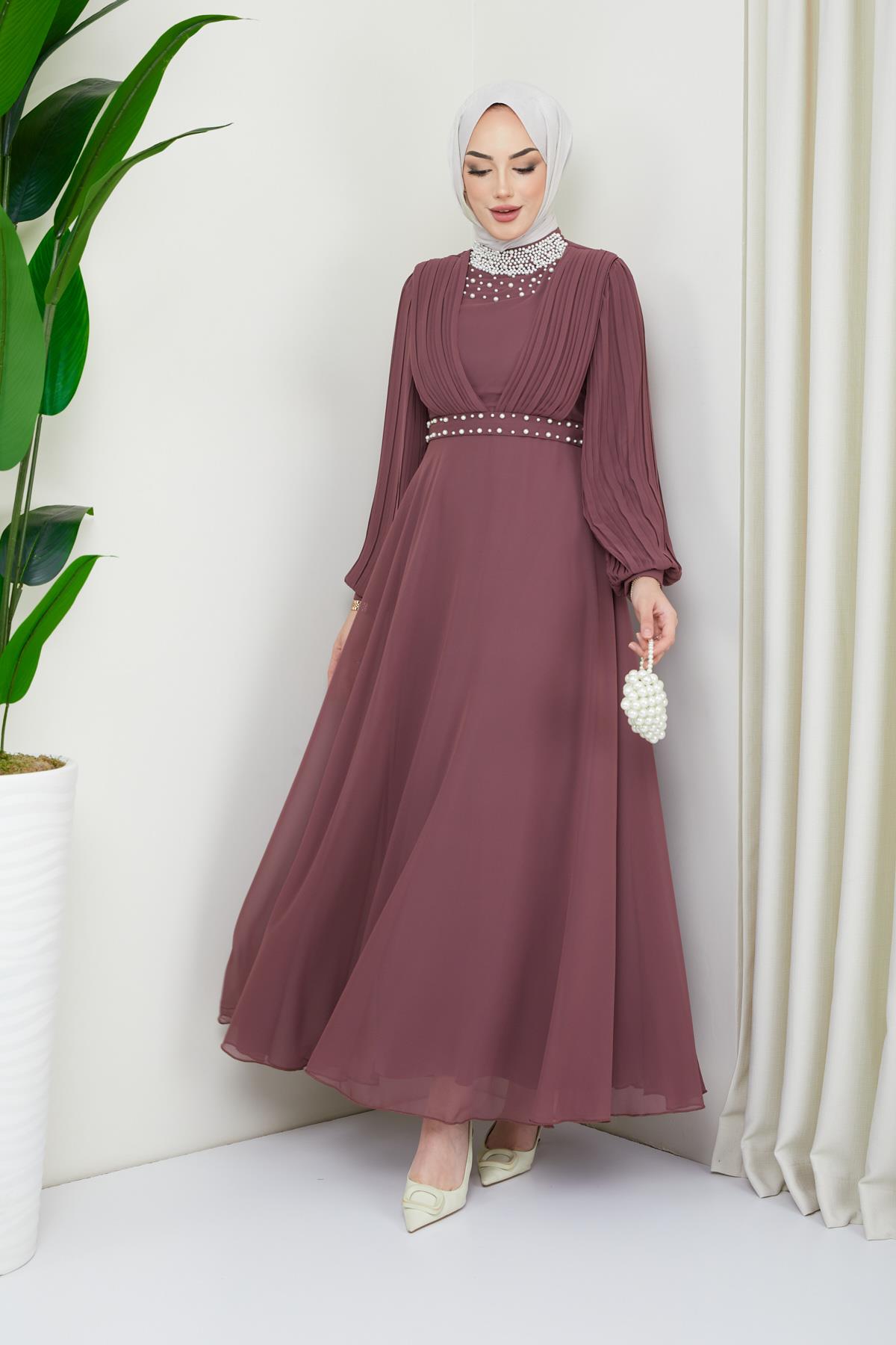 Tesettür İnci Süslemeli Piliseli Şifon Abiye Gül KurusuHM4195