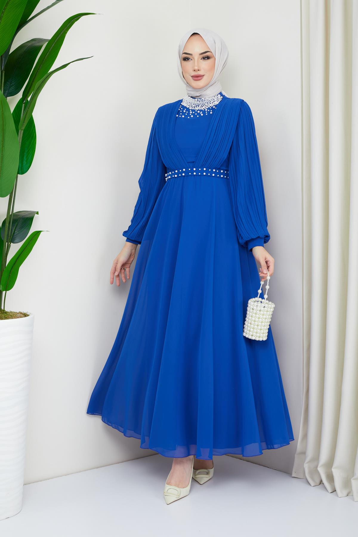 Tesettür İnci Süslemeli Piliseli Şifon Abiye Saks MavisiHM4195