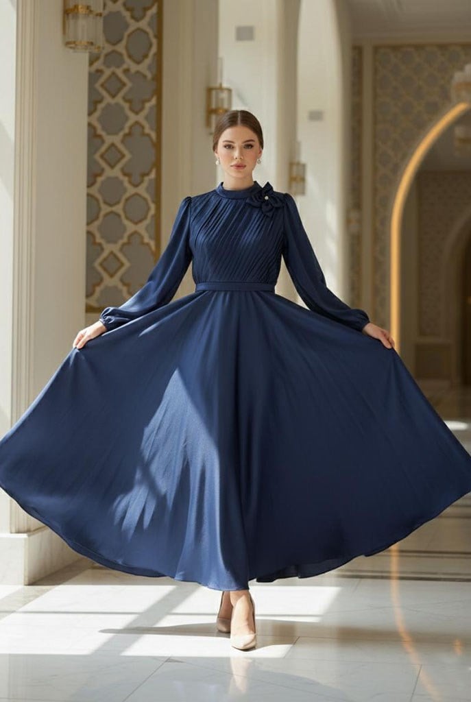 Tesettür İncigül İpek Organze Abiye LacivertLP6311