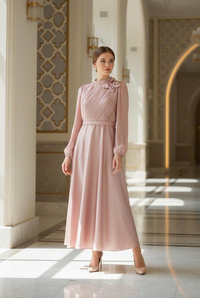 Tesettür İncigül İpek Organze Abiye PudraLP6311