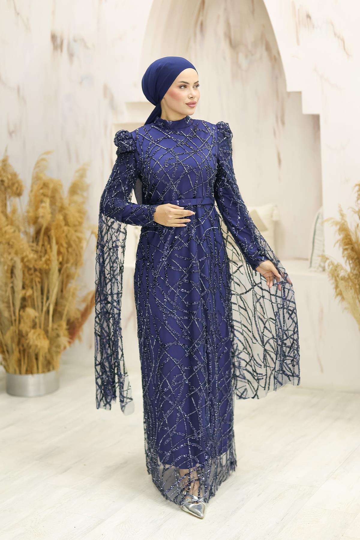 Tesettür İncilay Boncuklu Abiye LacivertLP6137