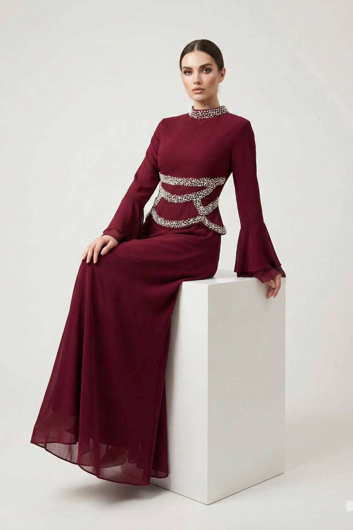 Tesettür İncişah Adriana & Şifon Abiye BordoLP6342