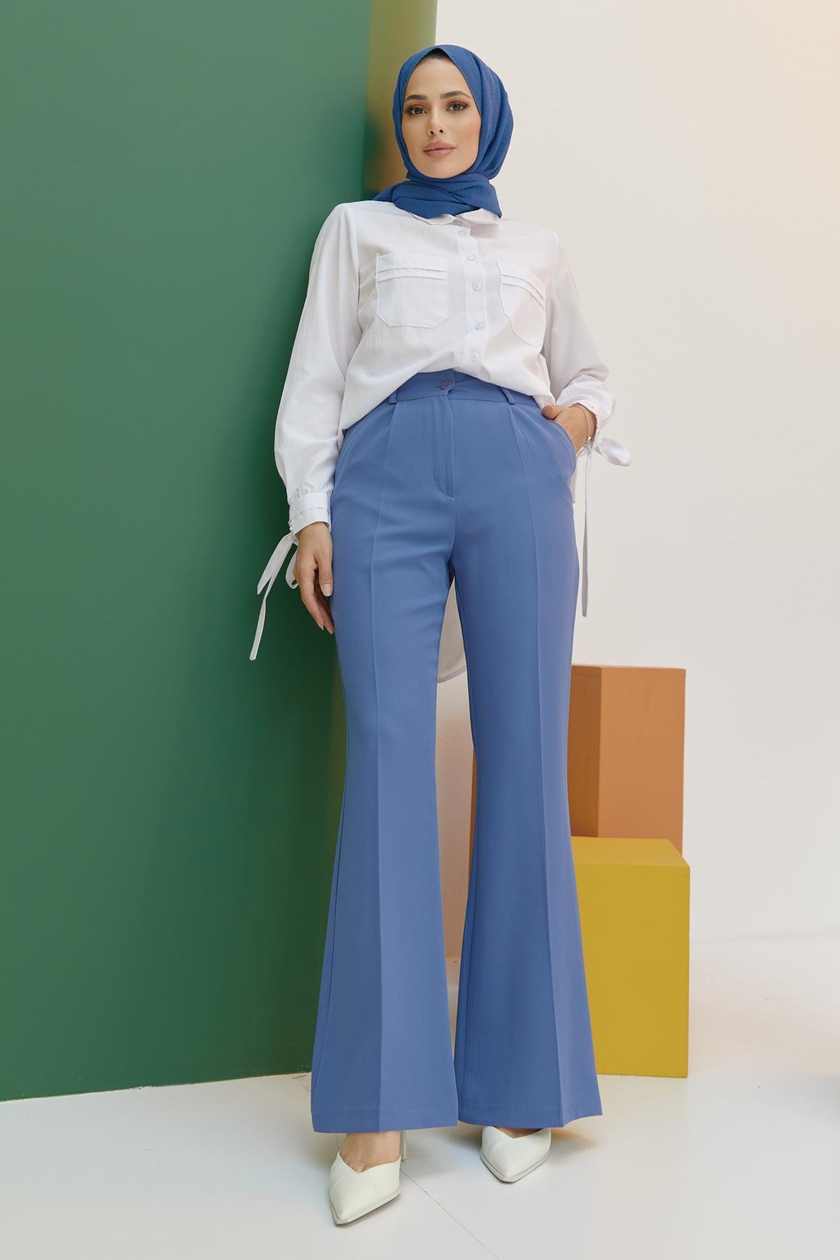 Tesettür İspanyol Paça Pileli Pantolon IndigoHM1845