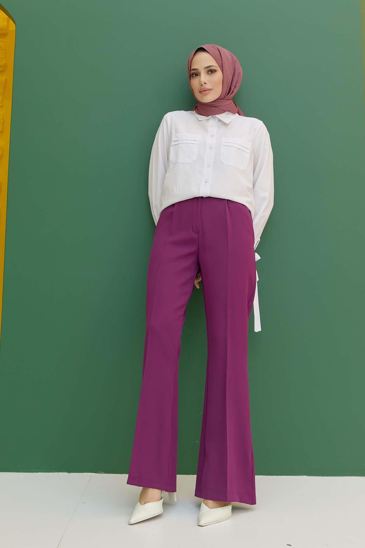 Tesettür İspanyol Paça Pileli Pantolon MürdümHM1845