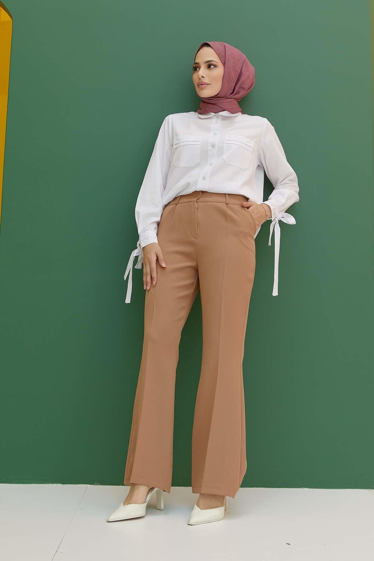 Tesettür İspanyol Paça Pileli Pantolon CamelHM1845